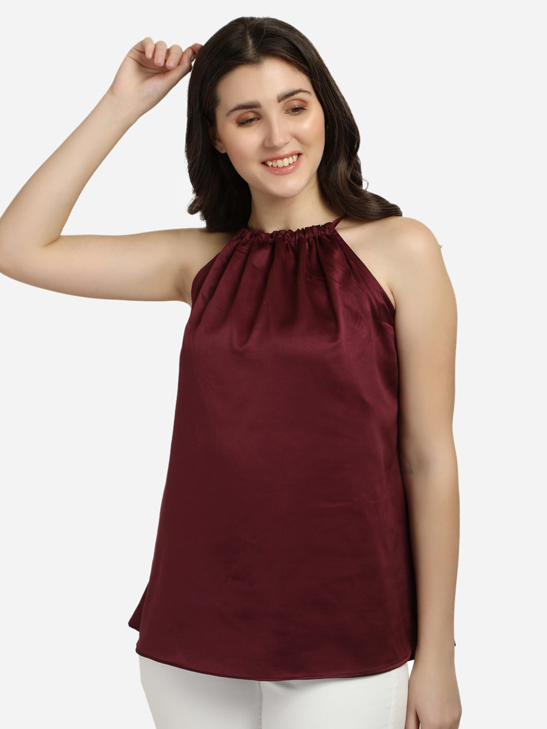 Smarty Pants Women Burgundy Halter Neck Satin Top