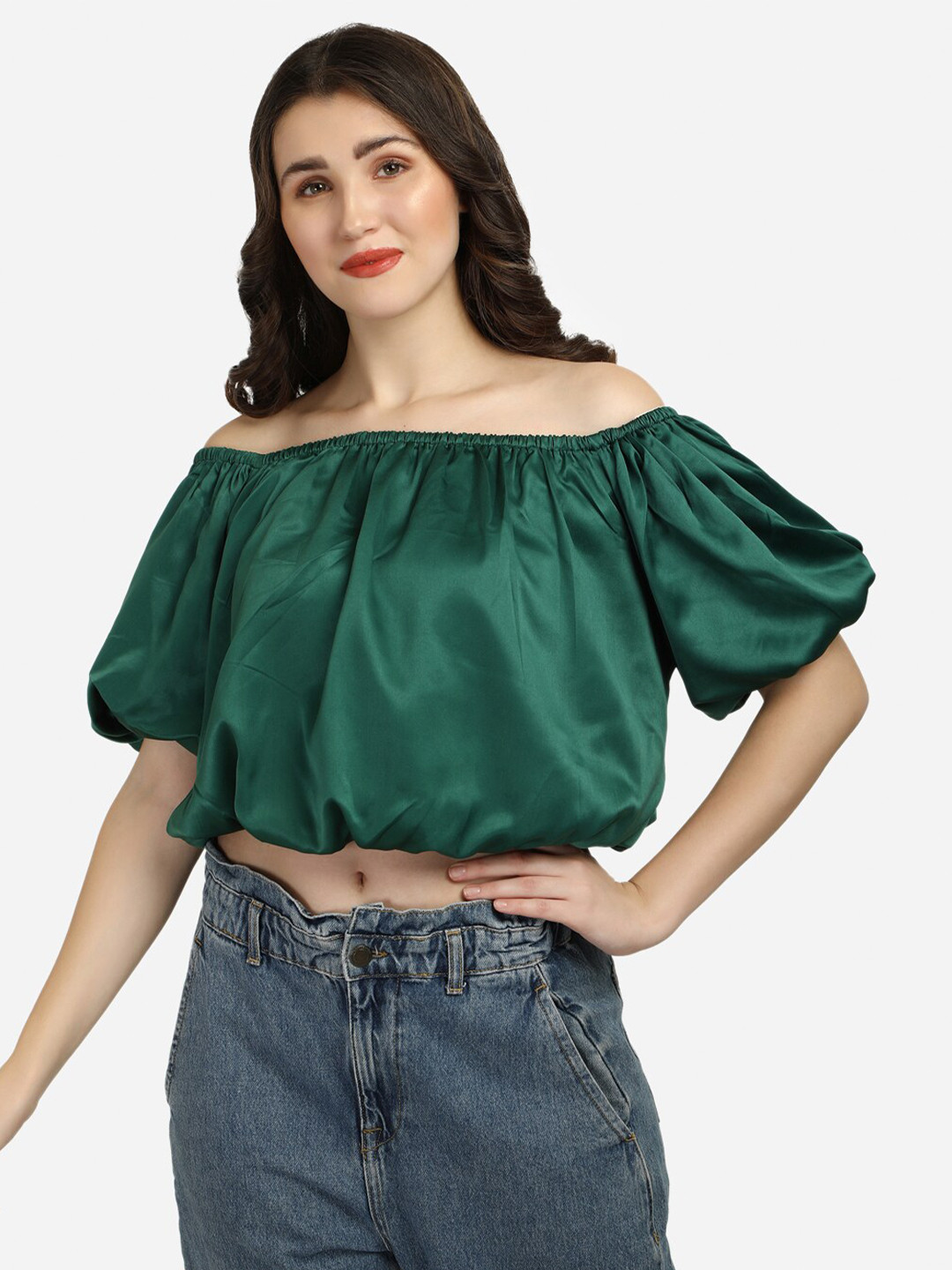 Smarty Pants Green Off-Shoulder Satin Blouson Crop Top