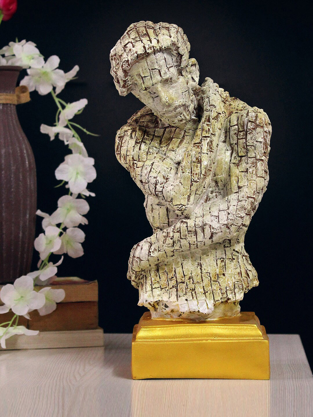 TIED RIBBONS Man Sitting in Thinking Position Beige Polyresin Matte Living Room Medium Showpiece - 12 Inches