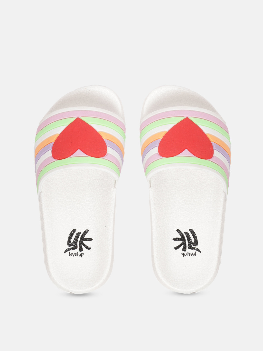 YK Girls Multicoloured Striped Heart Patterned Sliders