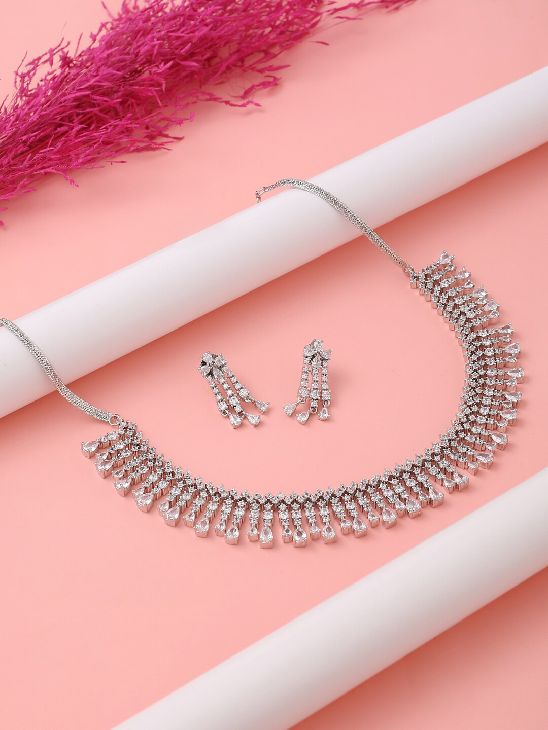 VIRAASI Silver-Plated & White CZ-Studded Choker Jewellery Set
