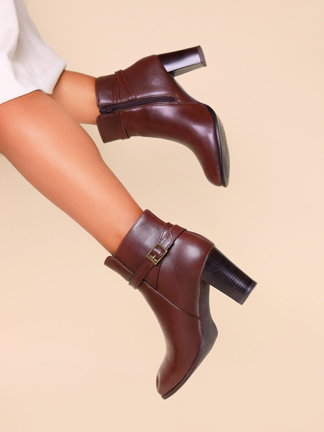 Monrow Brown PU Block Heeled Boots with Buckles