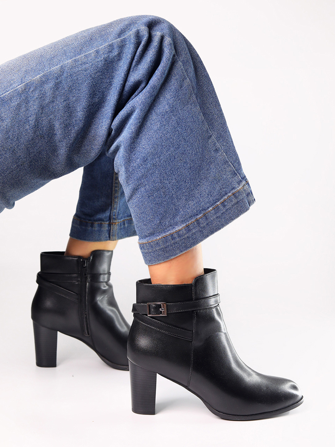 Monrow Black PU Block Heeled Winter Boots With Buckle Details