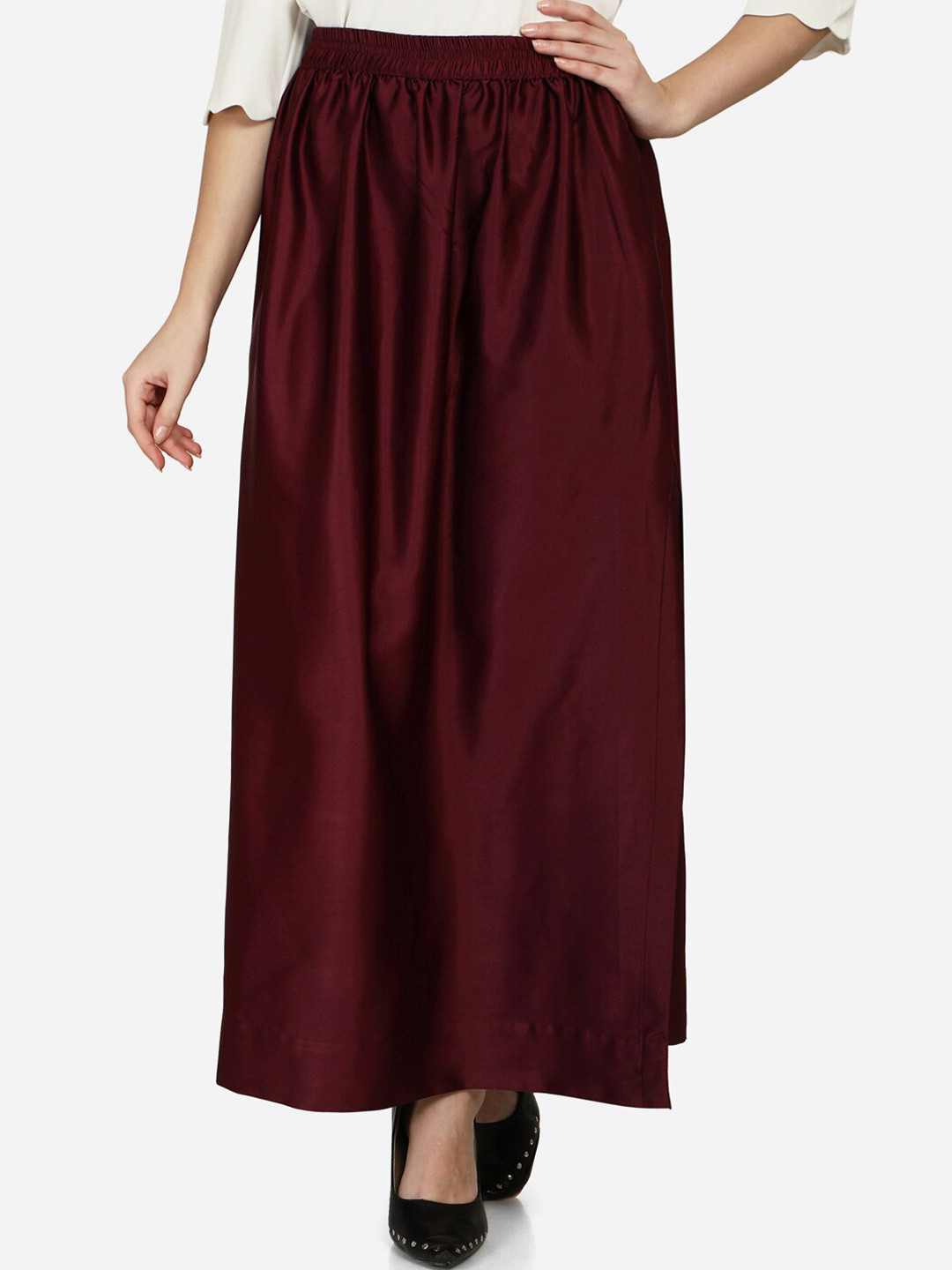 Smarty Pants Women Burgundy Solid Satin Silk Flared Midi-Skirt