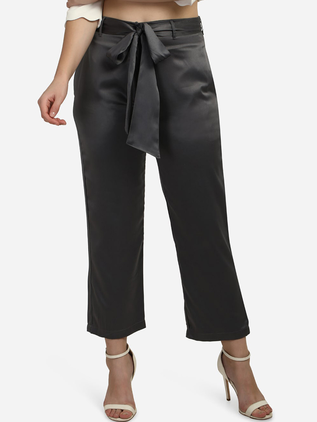 Smarty Pants Women Grey Satin Regular Fit Straight Leg Trousers