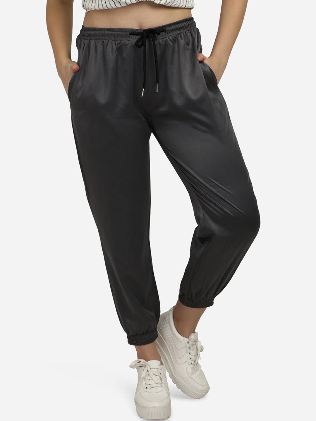 Smarty Pants Women Charcoal Grey Satin Joggers