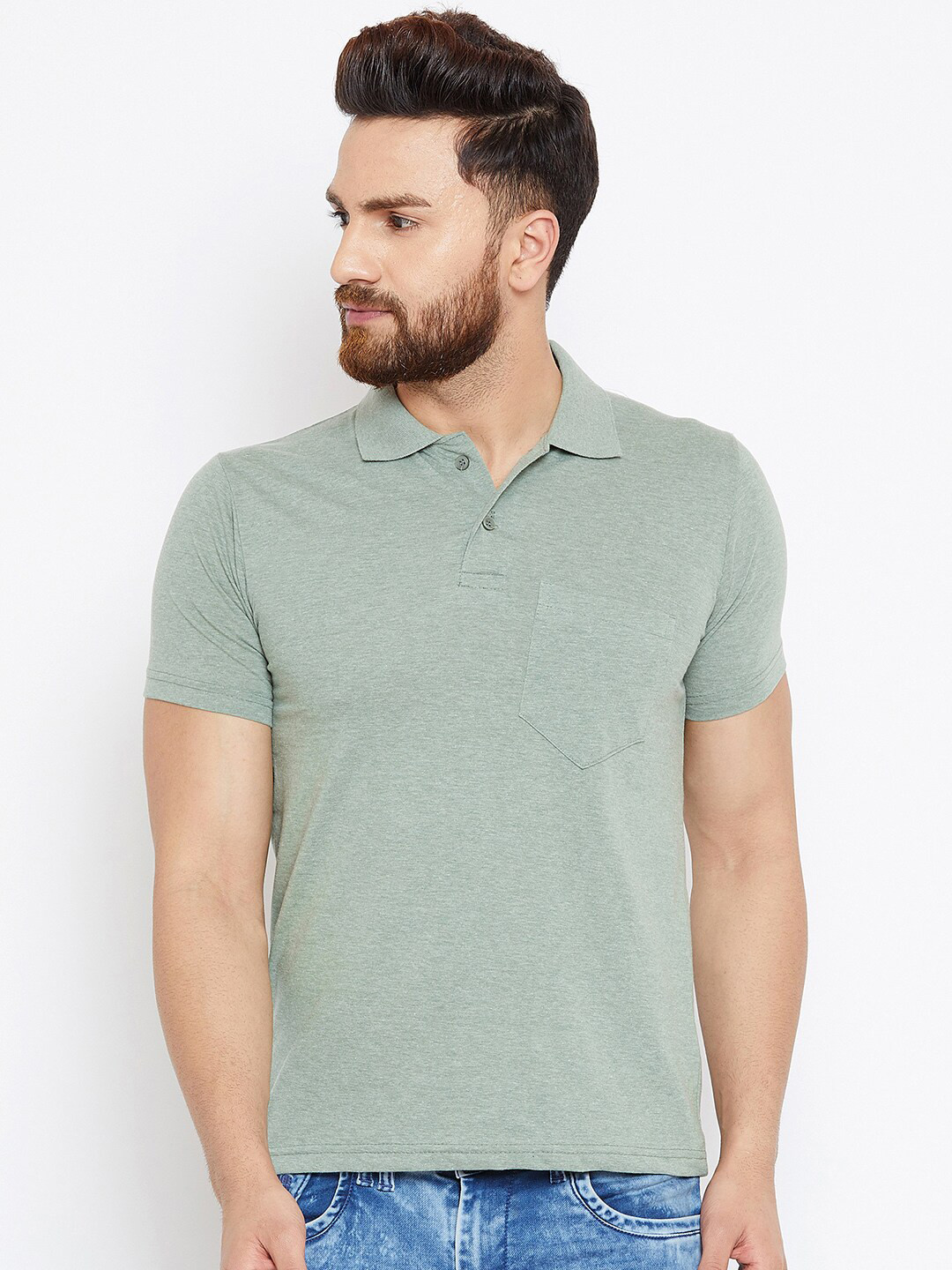Camey Men Sage Solid Polo Collar Pockets T-shirt