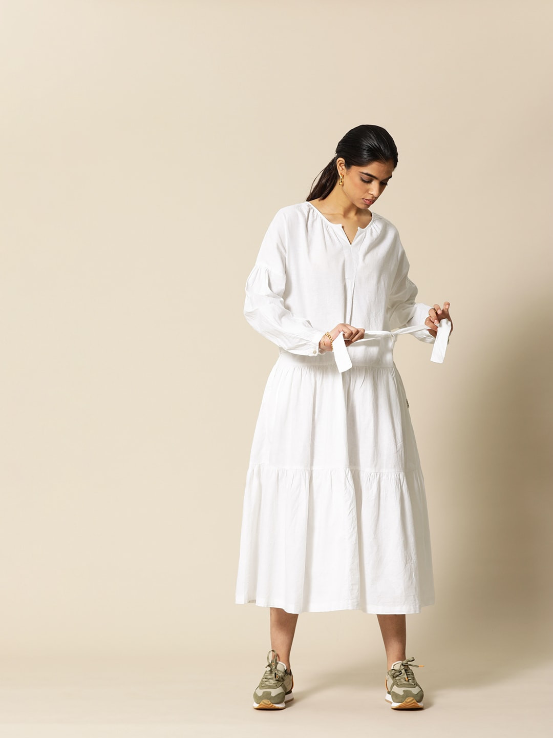 BOWER White Cotton Linen A-Line Midi Tiered Dress with Pockets and Belt