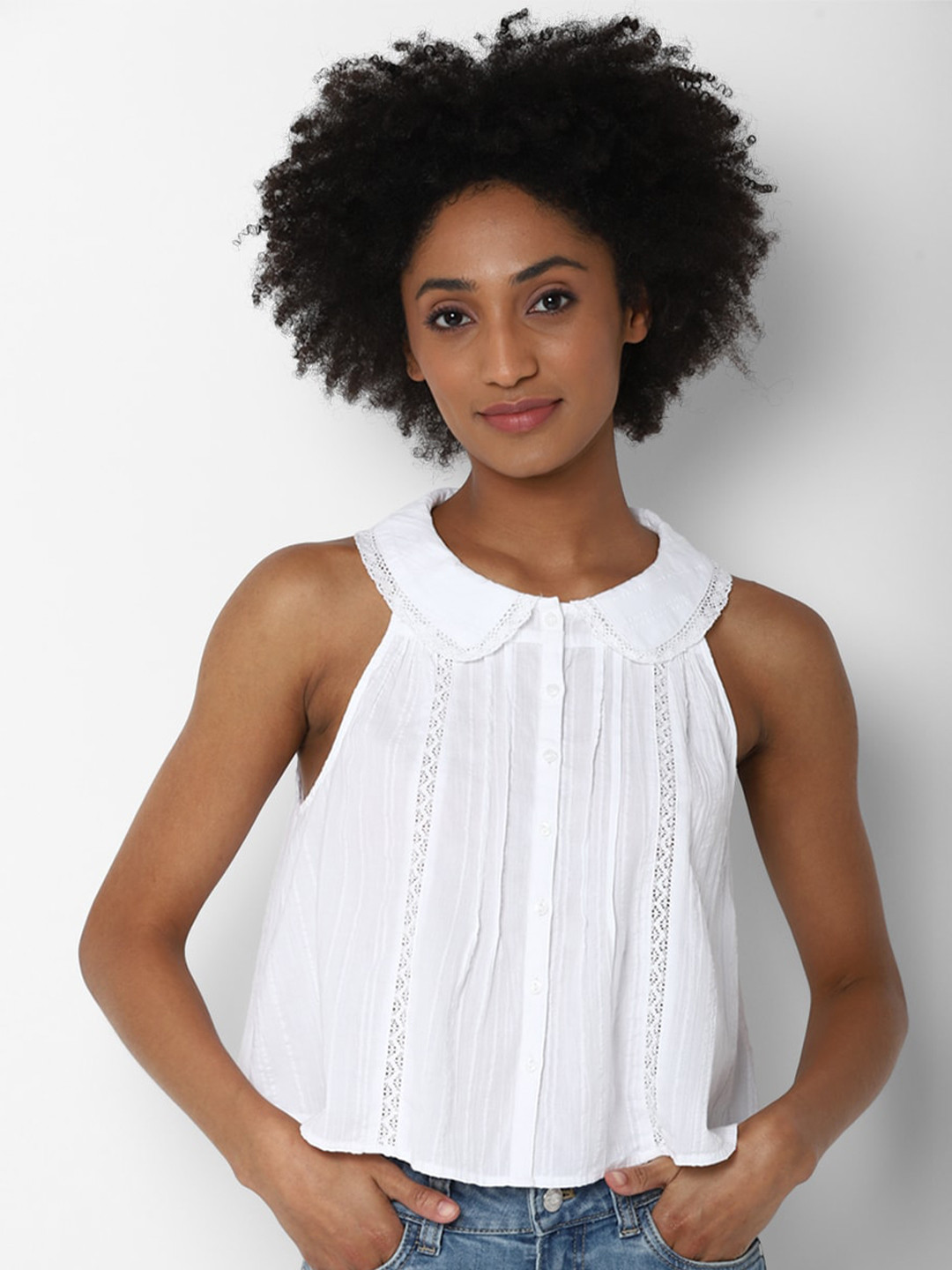 AMERICAN EAGLE OUTFITTERS White Striped Peter Pan Collar Pure Cotton Shirt Style Top