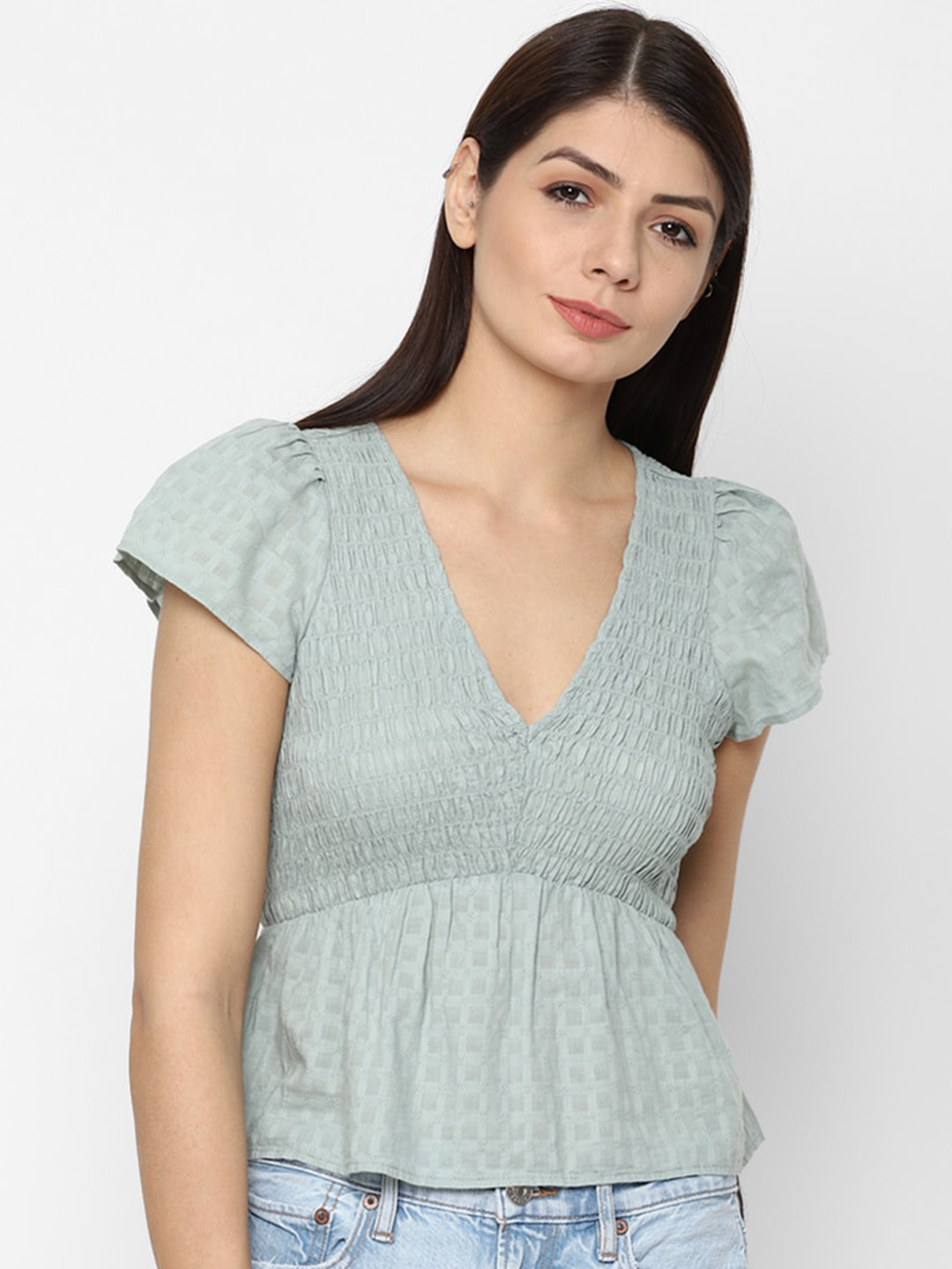 AMERICAN EAGLE OUTFITTERS Women Green Smocked Empire Top