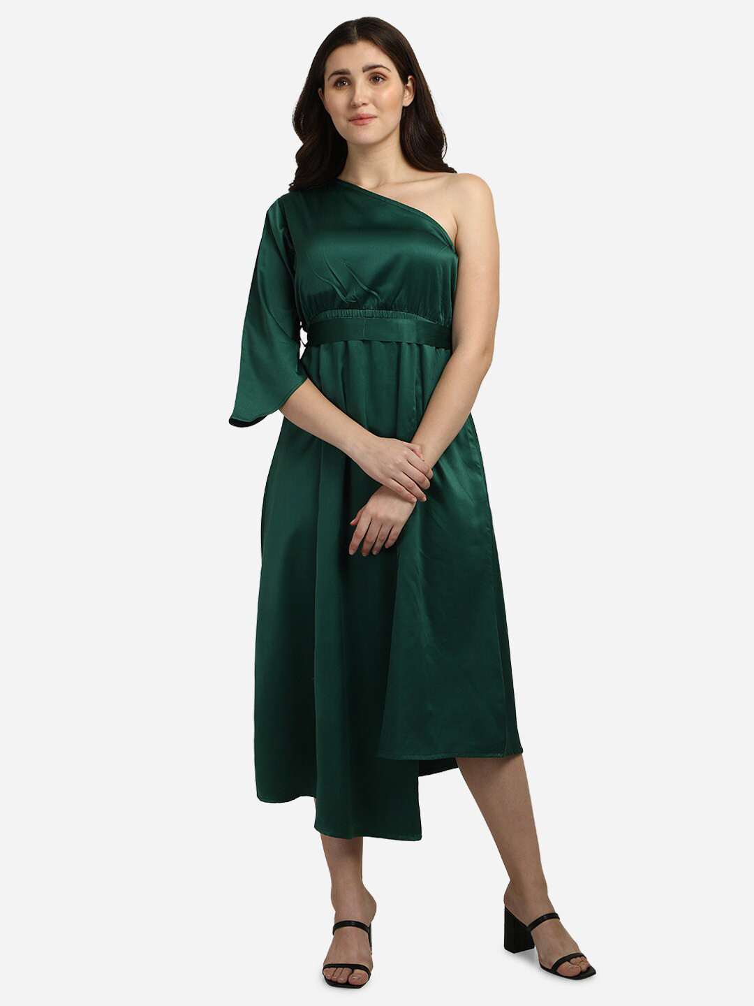 Smarty Pants Woman Bottle Green One Shoulder Satin Empire Midi Dress