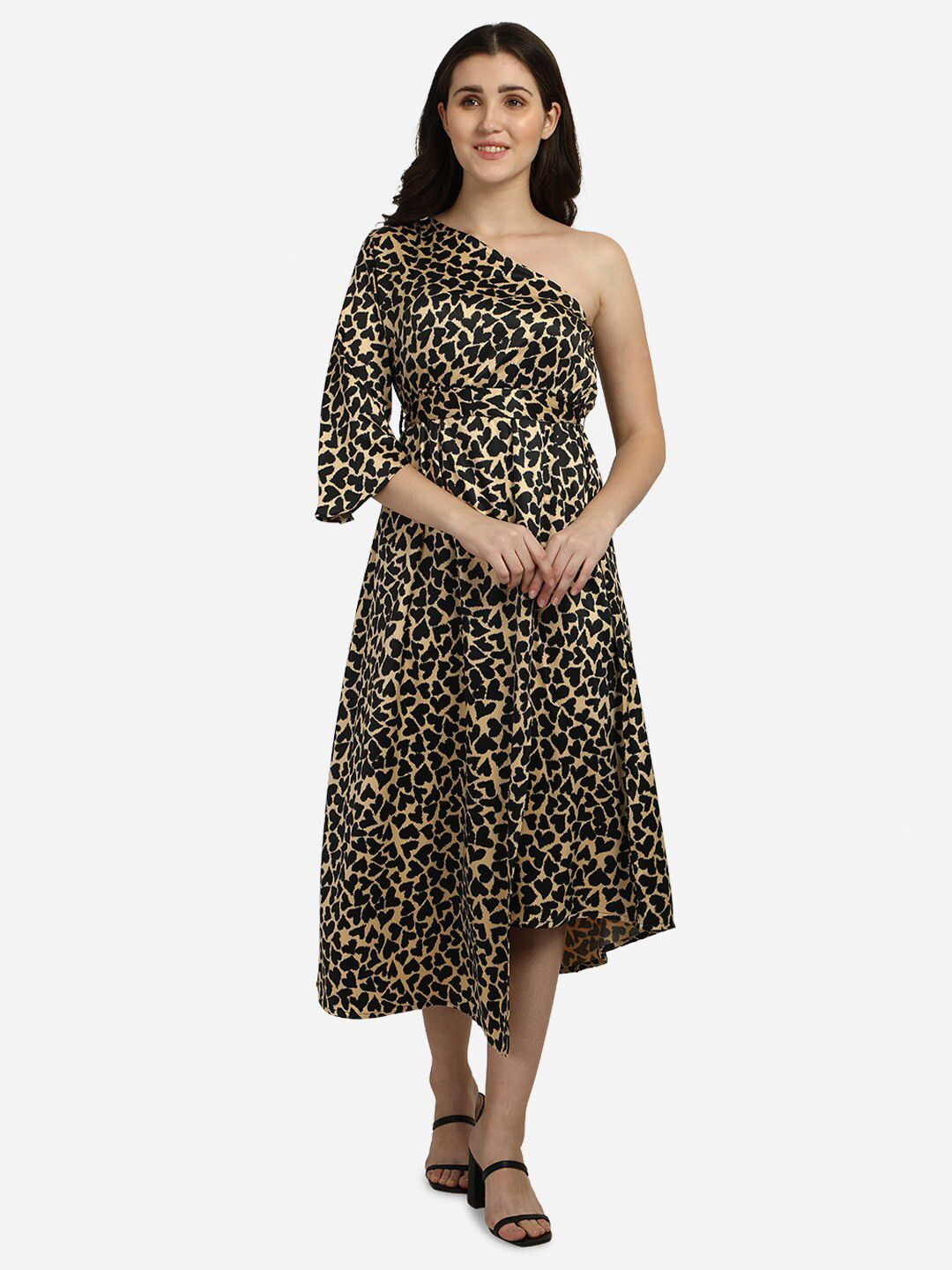 Smarty Pants Black & Beige Printed One Shoulder Satin Fit & Flare Dress