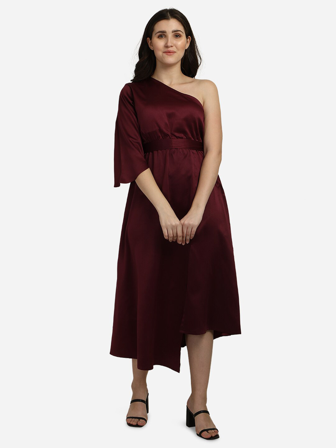 Smarty Pants Burgundy One-Shoulder Sleeves Solid Satin Midi Dress