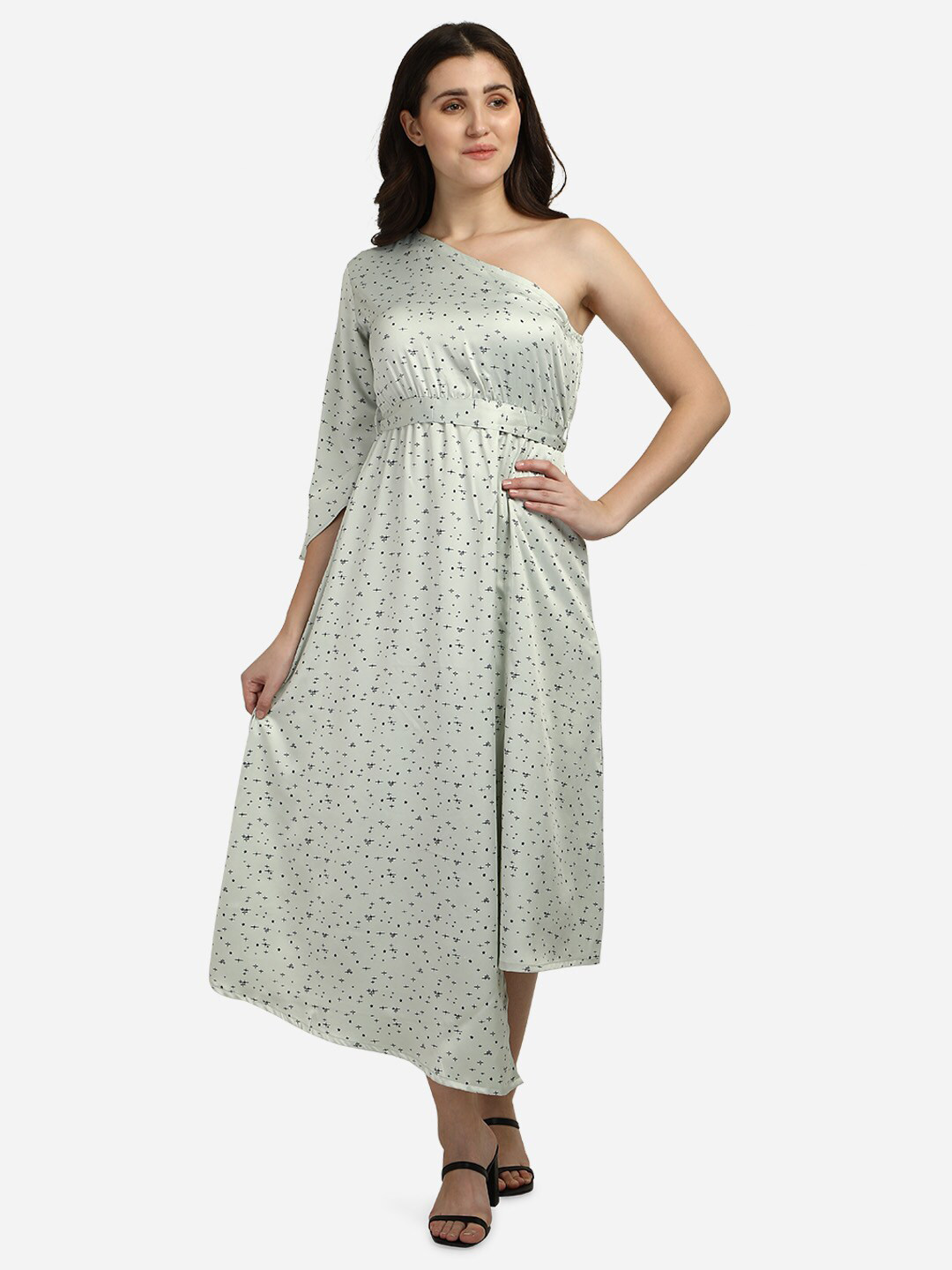 Smarty Pants Green Floral One Shoulder Satin Midi Dress