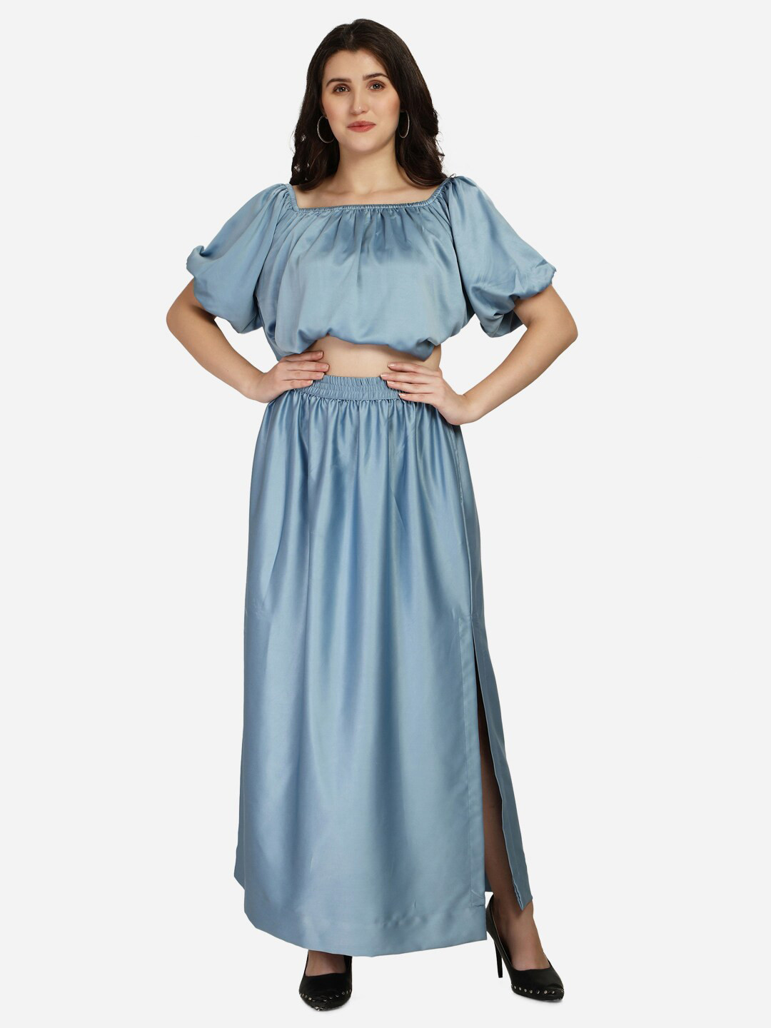 Smarty Pants Women Blue Silk Satin Top With Skirt