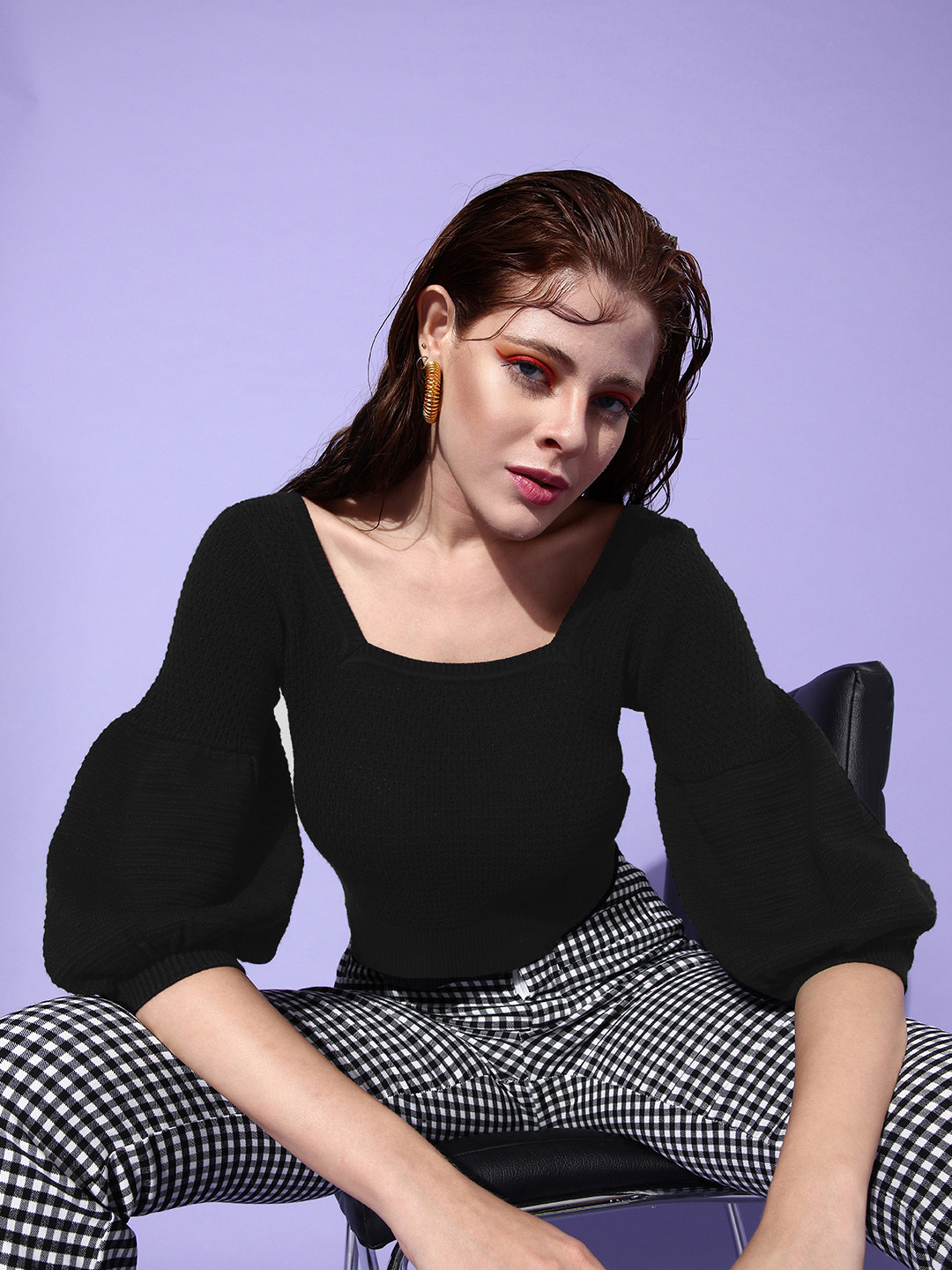 The Roadster Life Co. Women Black Self Design Balloon Sleeve Crop Top