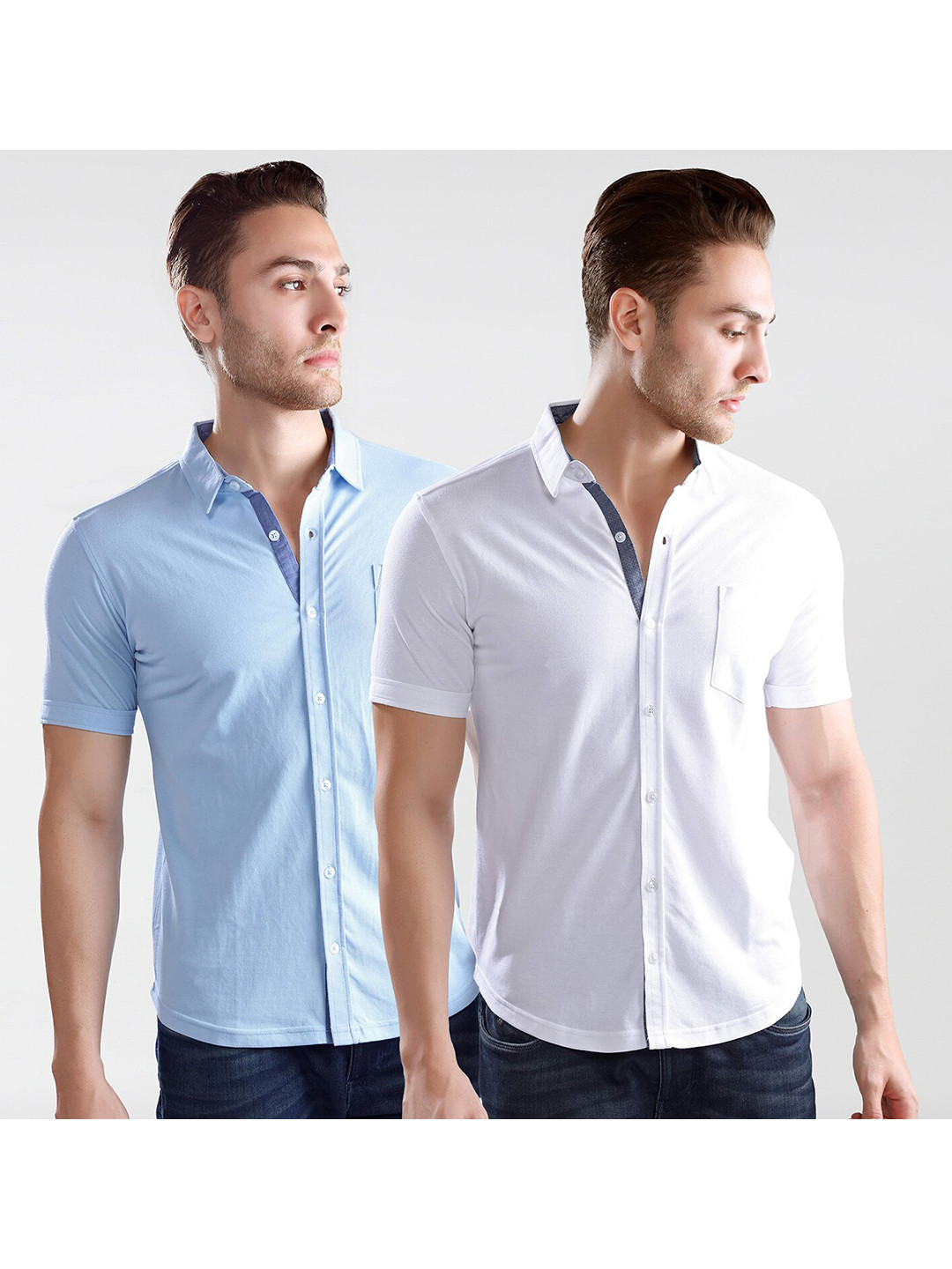 Dream of Glory Inc Men Set Of 2 White & Blue Slim Fit Cotton Casual Shirt