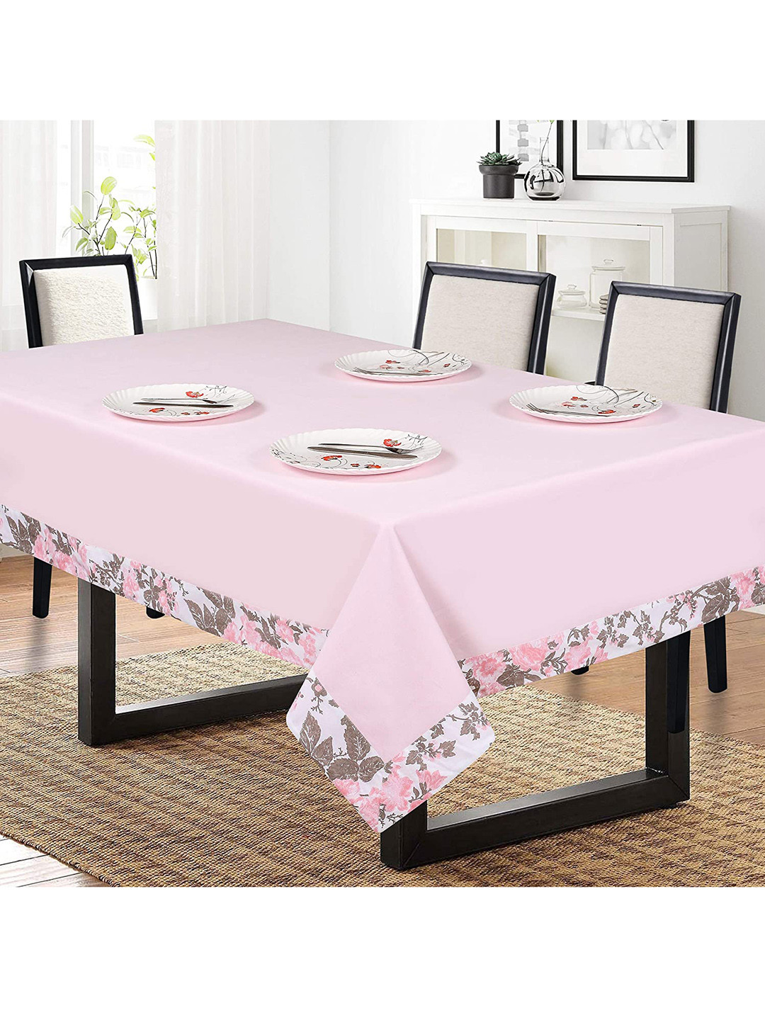 SHADES of LIFE Pink & Olive-Green Solid 6-Seater Rectangle Cotton Table Cover