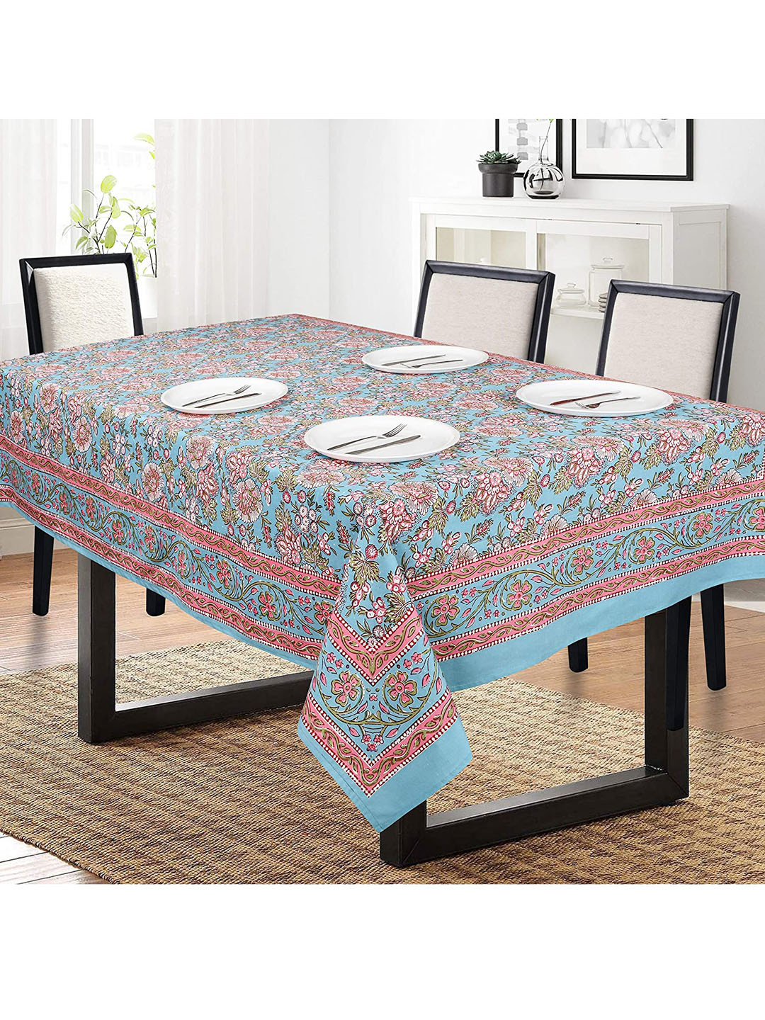 SHADES of LIFE Blue & Pink Floral Printed 6-Seater Rectangle Cotton Table Cover