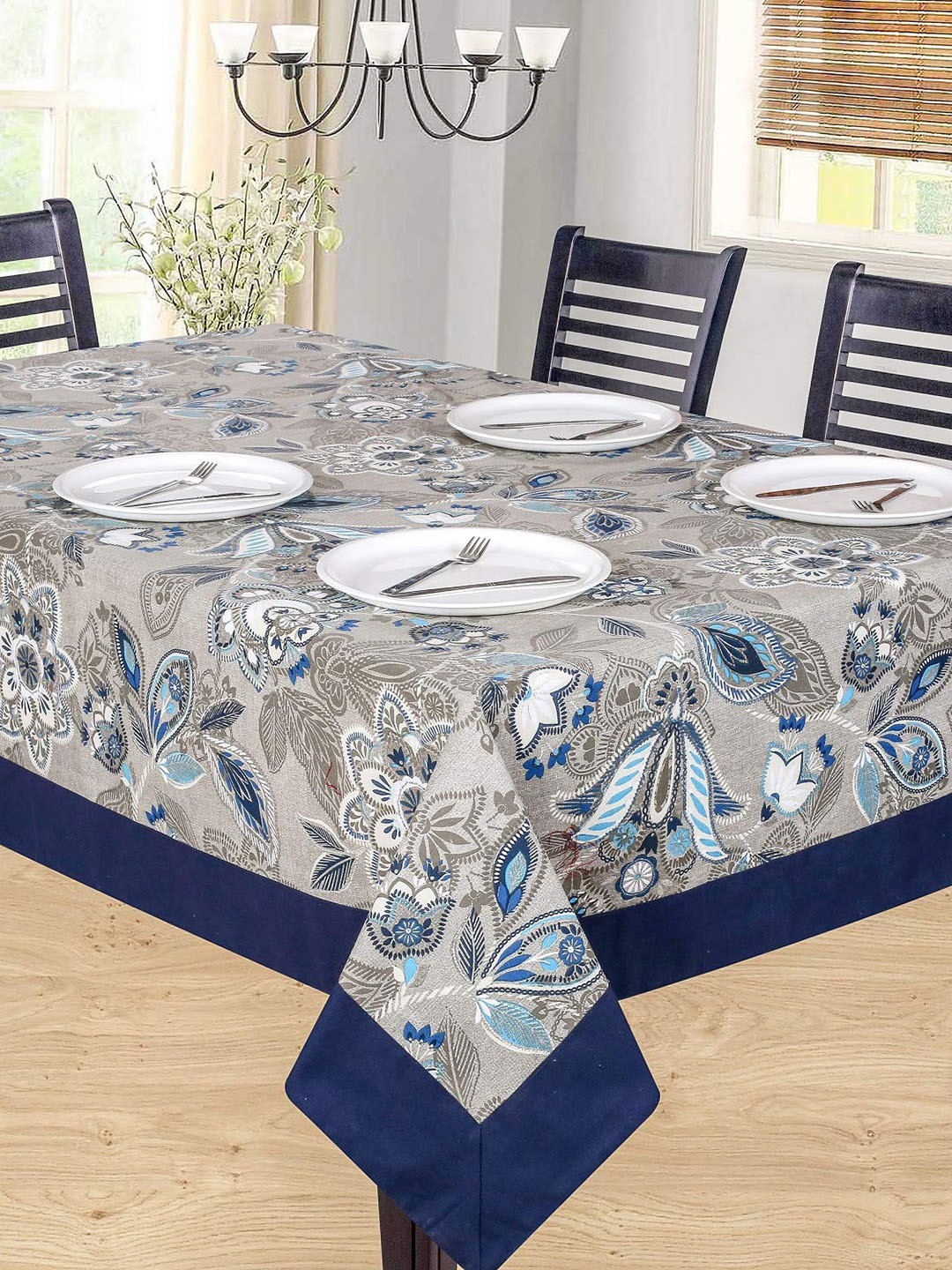 SHADES of LIFE Grey & Navy Blue Floral Printed 4-Seater Rectangle Cotton Table Cover