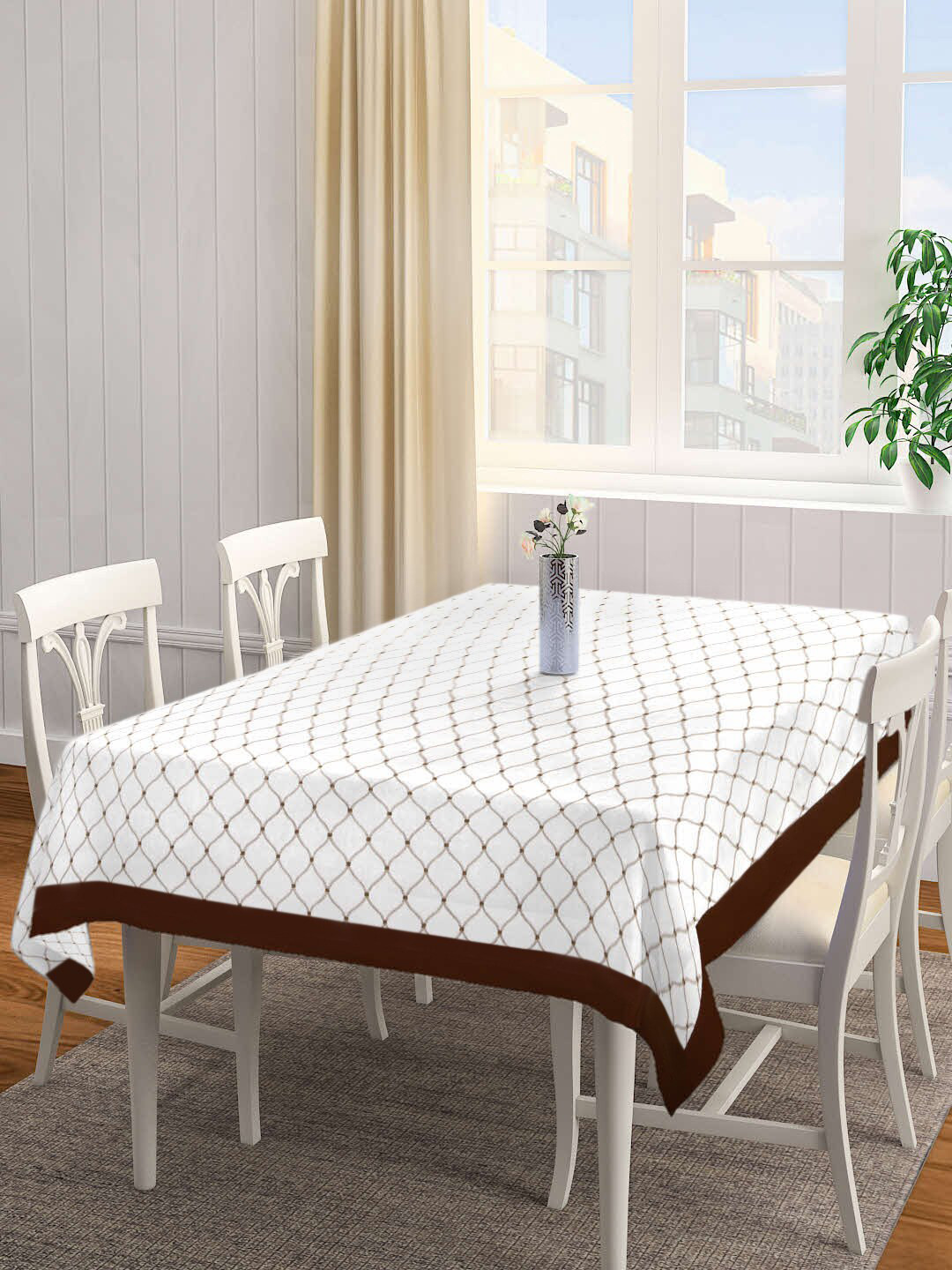 SHADES OF LIFE Cream & Brown Geometric Printed 4 Seater Dining Table Cover
