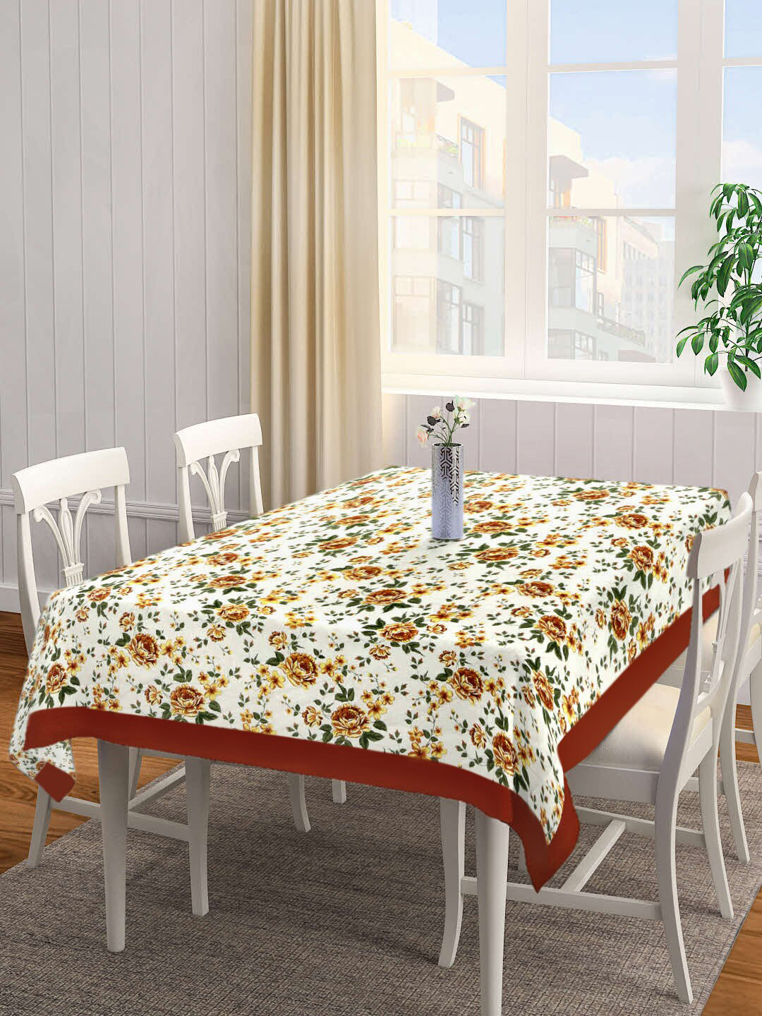 SHADES of LIFE Rust & White Printed Cotton 6-Seater Table Covers