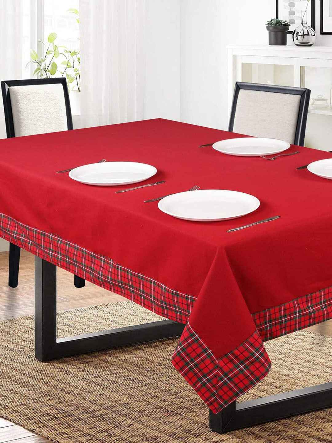 SHADES of LIFE Red & Green Solid 6-Seater Rectangle Cotton Table Cover