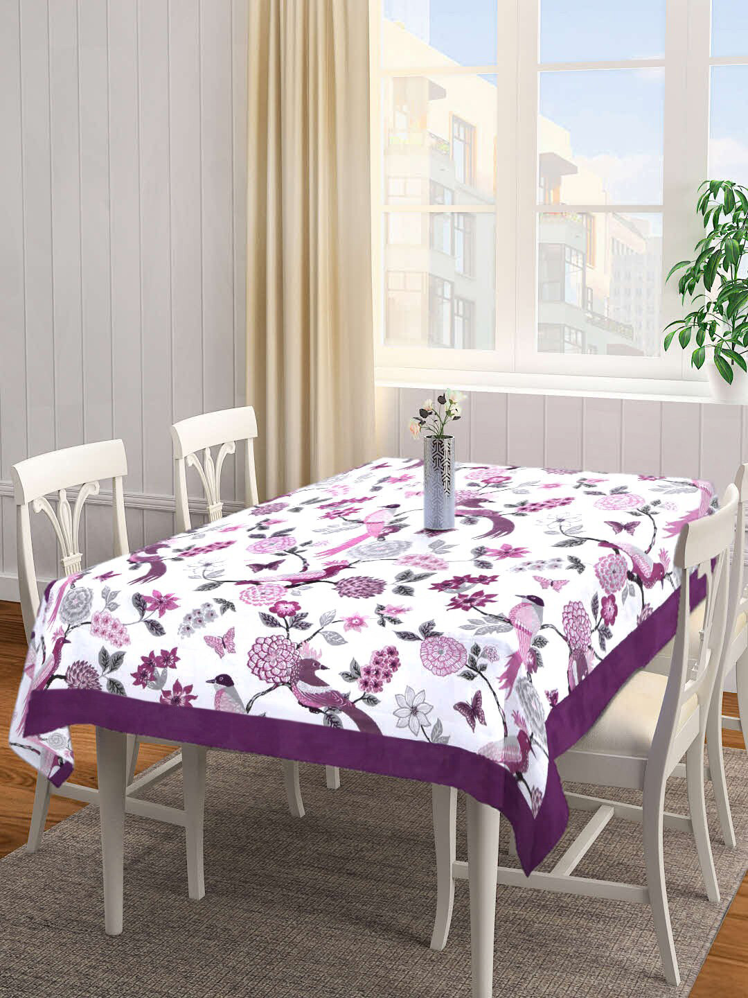 SHADES of LIFE Purple & White Printed 6-Seater Rectangle Pure Cotton Table Cover