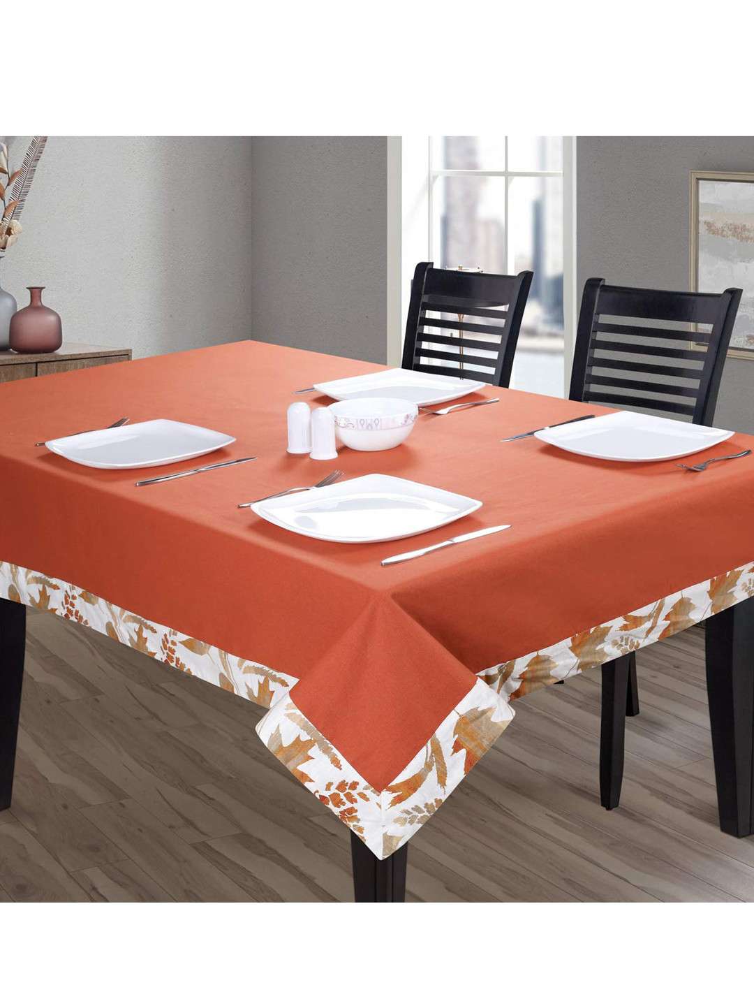 SHADES of LIFE Brown Printed Border 6 Seater Cotton Table Cover