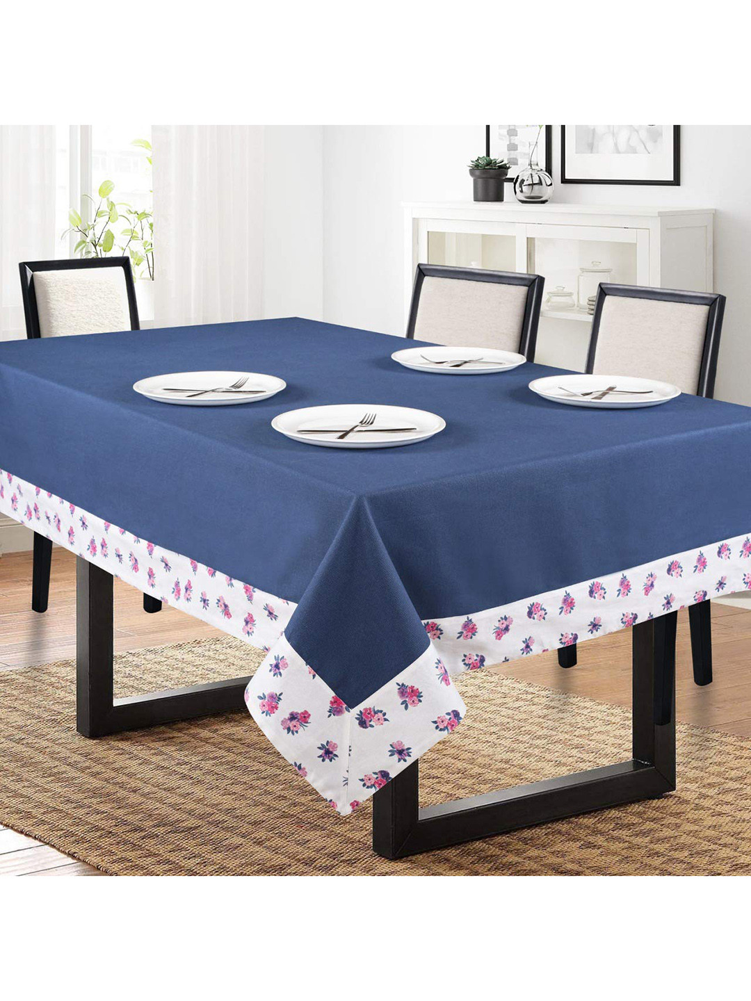 SHADES of LIFE Blue & White Solid 6 Seater Table Cover