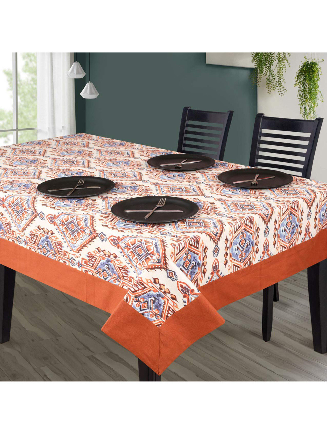 SHADES of LIFE Rust & Cream Floral Printed Cotton Center Table Cover