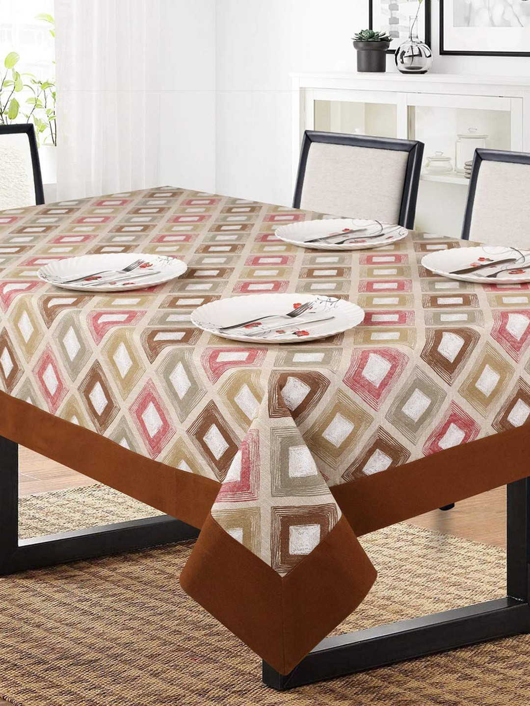 SHADES of LIFE Brown & Red Printed Solid 6-Seater Rectangle Cotton Table Cover