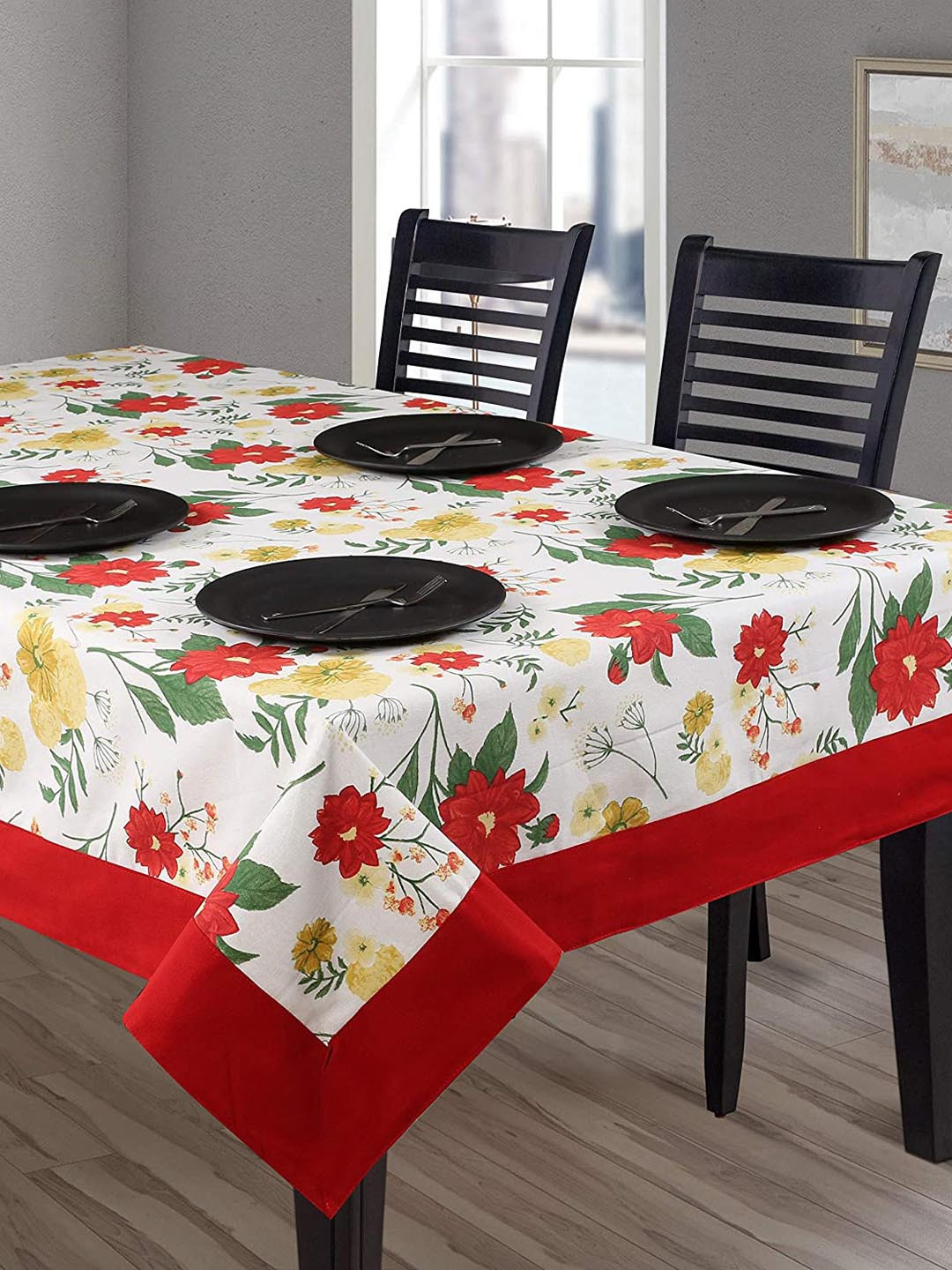 SHADES of LIFE Red & White Floral Rectangular Cotton Table Cover