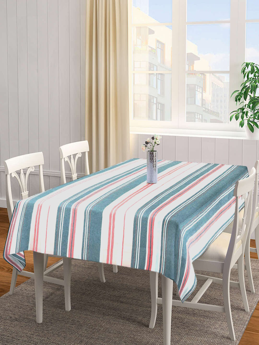SHADES of LIFE Blue & White Striped 4-Seater Rectangle Cotton Table Cover