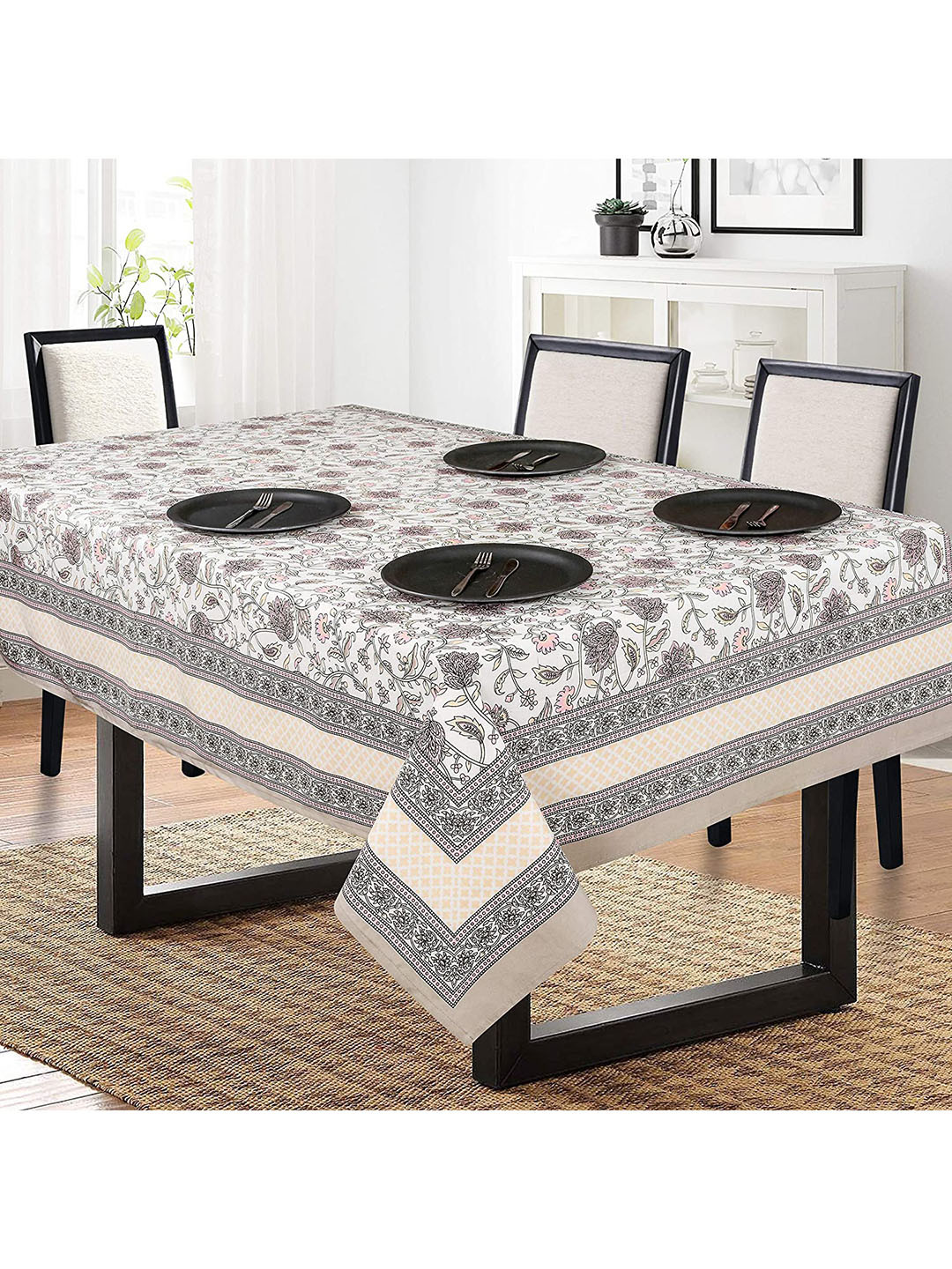 SHADES of LIFE White & Pink Floral Printed Cotton 6-Seater Table Covers