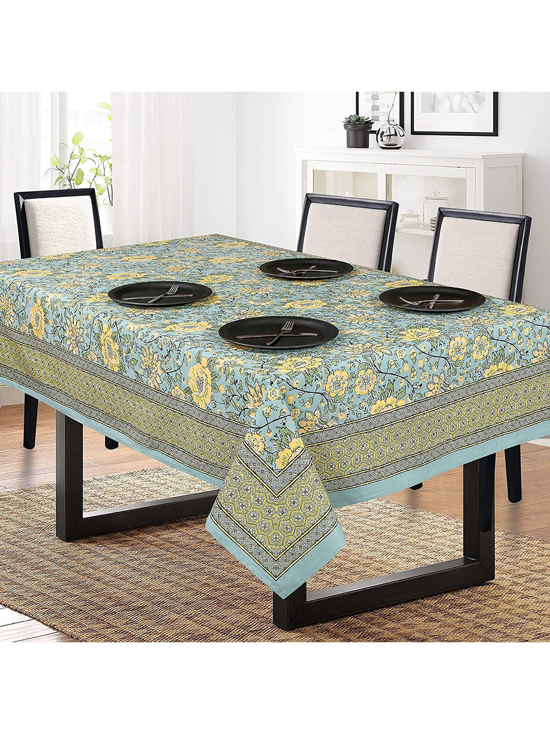 SHADES of LIFE Turquoise Blue & Yellow Floral Printed Solid Cotton 6-Seater Table Covers