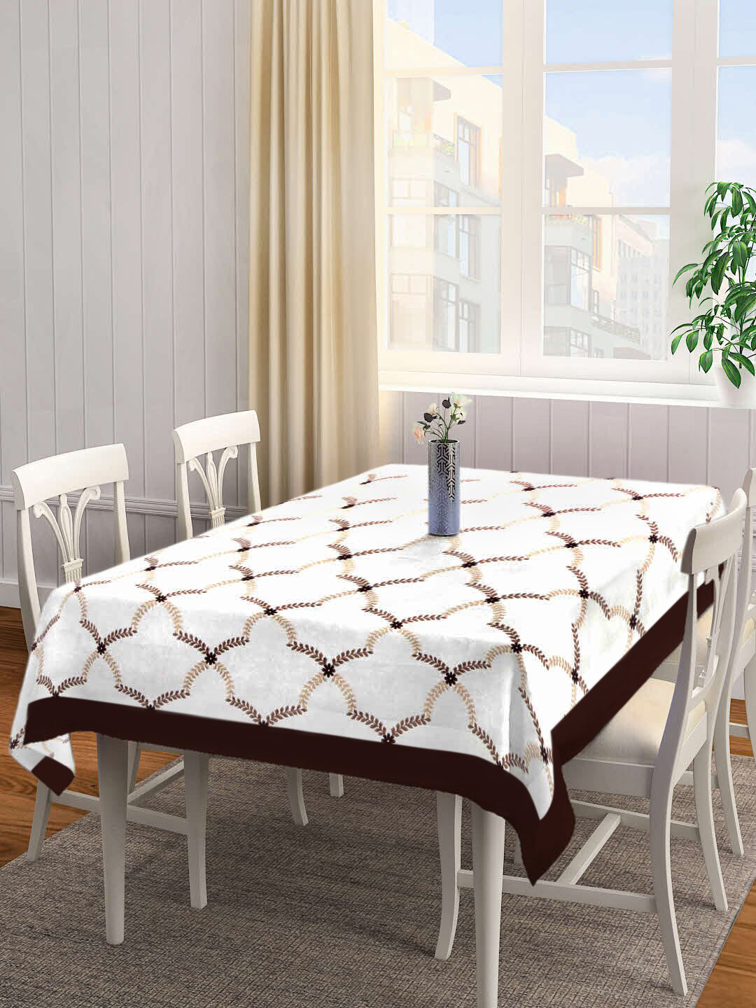 SHADES of LIFE White & Brown Embroidered Cotton 4-Seater Table Cover