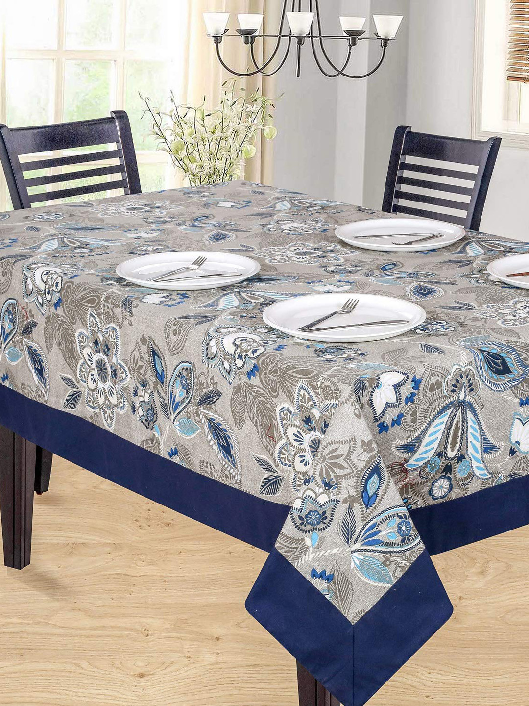 SHADES of LIFE Turquoise-Blue & White Printed Cotton Dining Table Cover