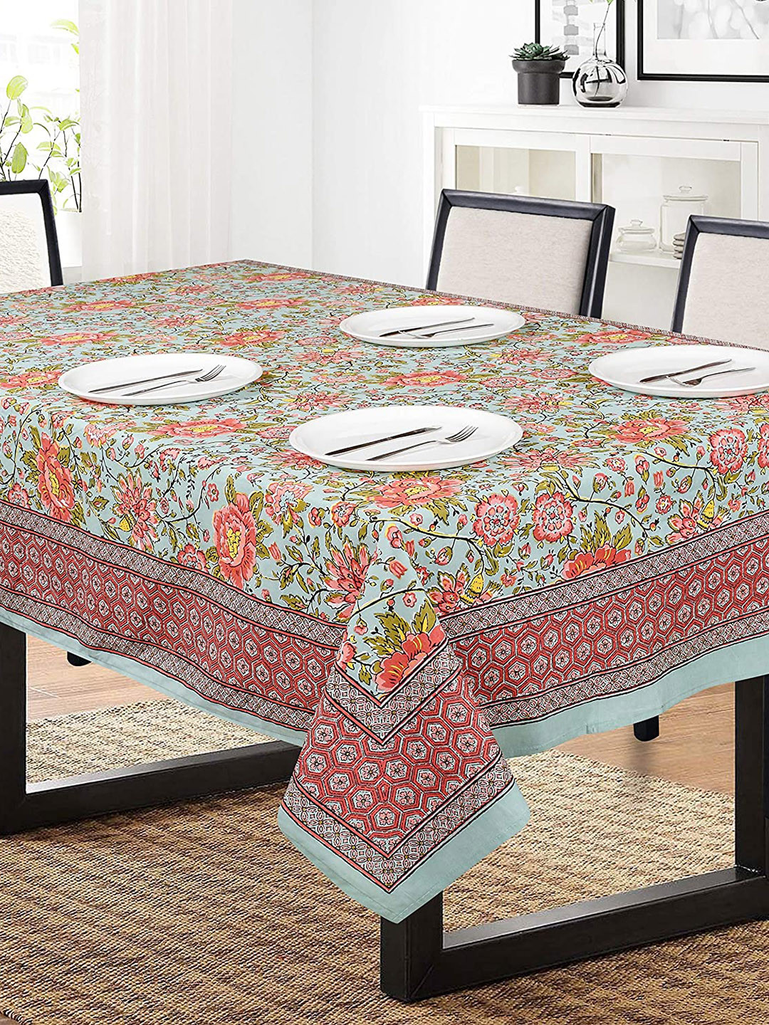 SHADES of LIFE Blue & Pink Printed 6-Seater Rectangle Cotton Table Cover