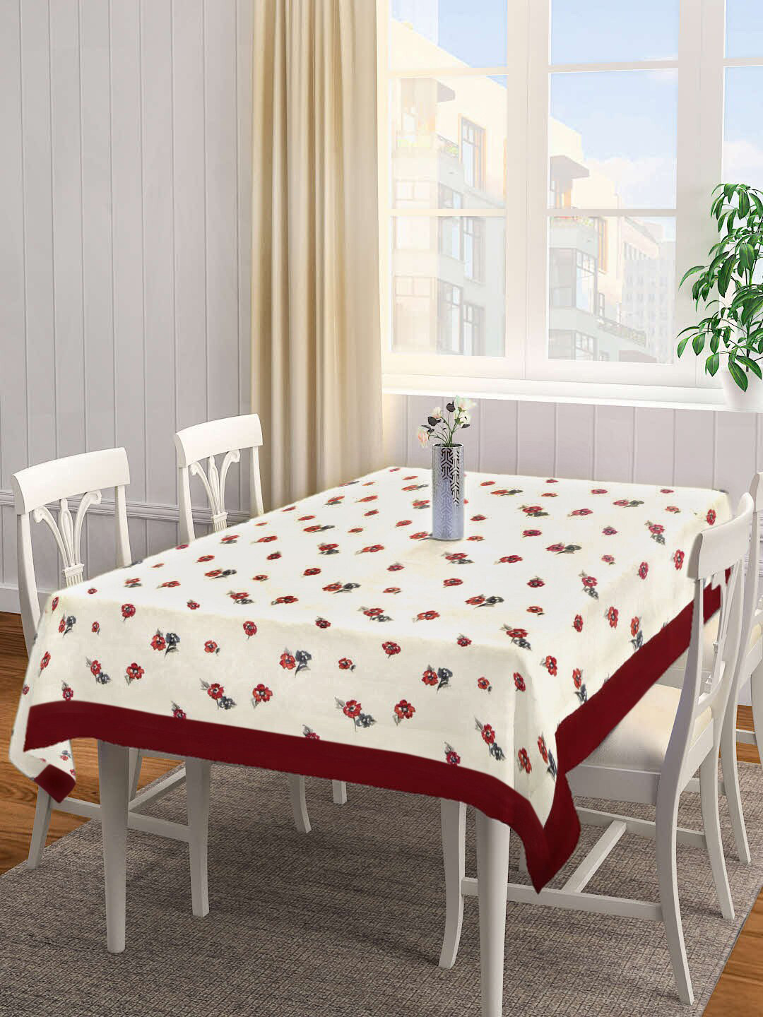 SHADES of LIFE Cream Colored & Maroon Embroidered Cotton 4-Seater Table Cover