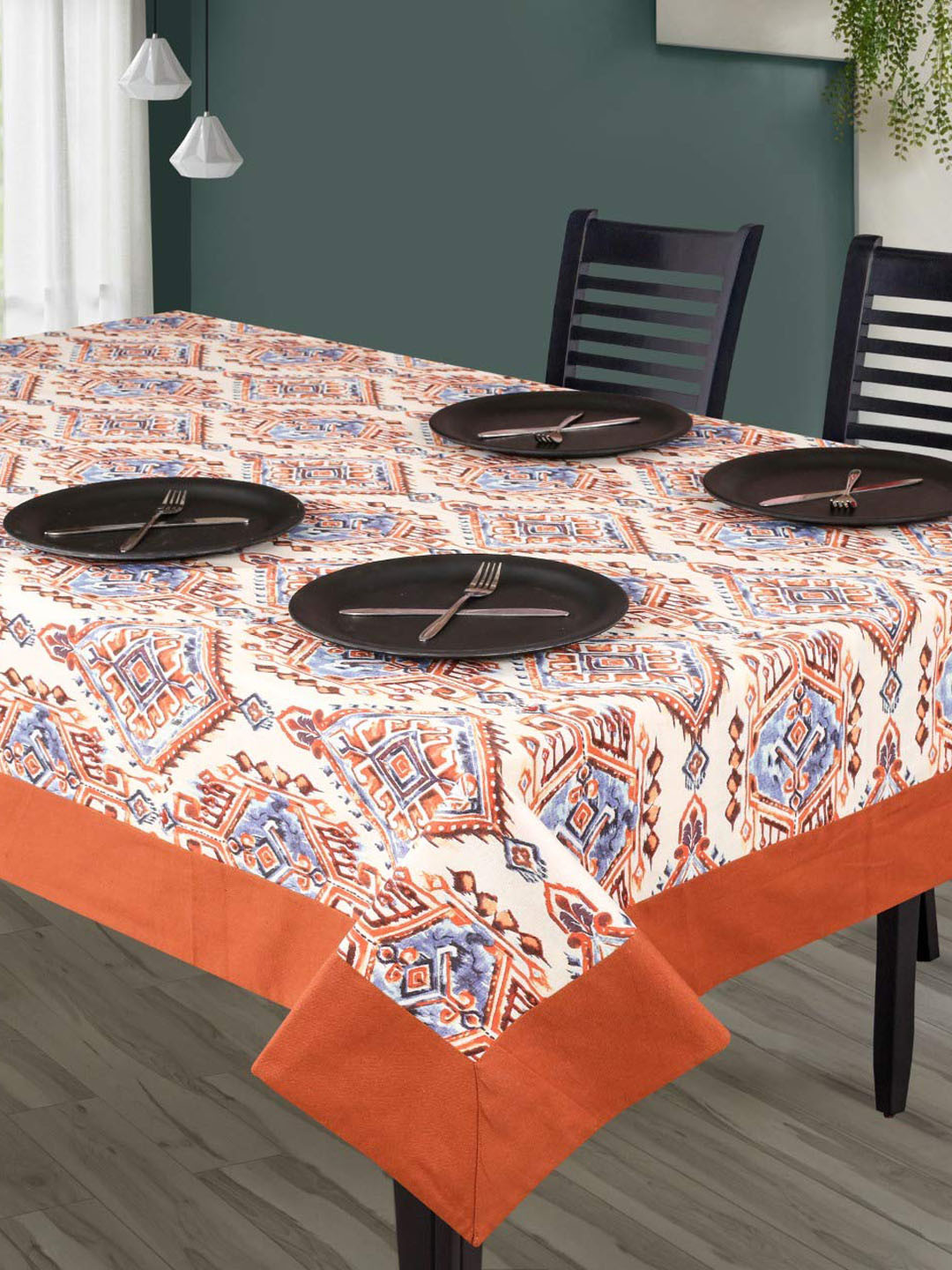 SHADES of LIFE Rust & Cream Floral Printed Cotton 6-Seater Table Cover
