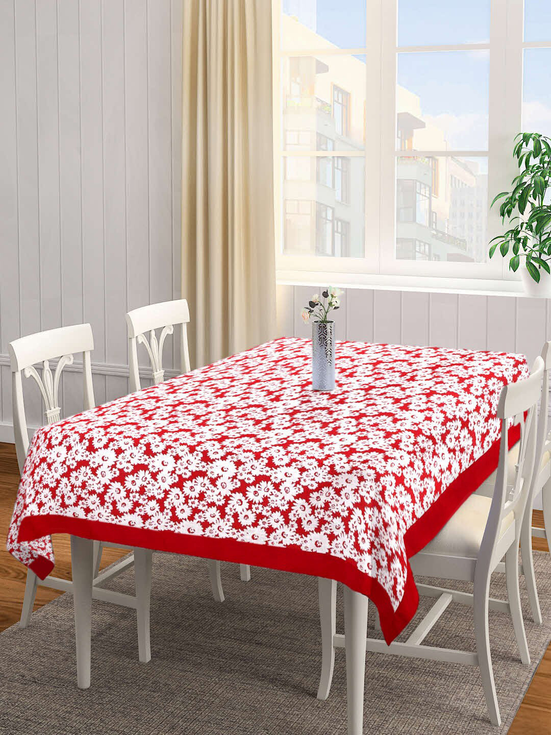 SHADES of LIFE White & Red 6 Seater Printed Cotton Dining Table Cover