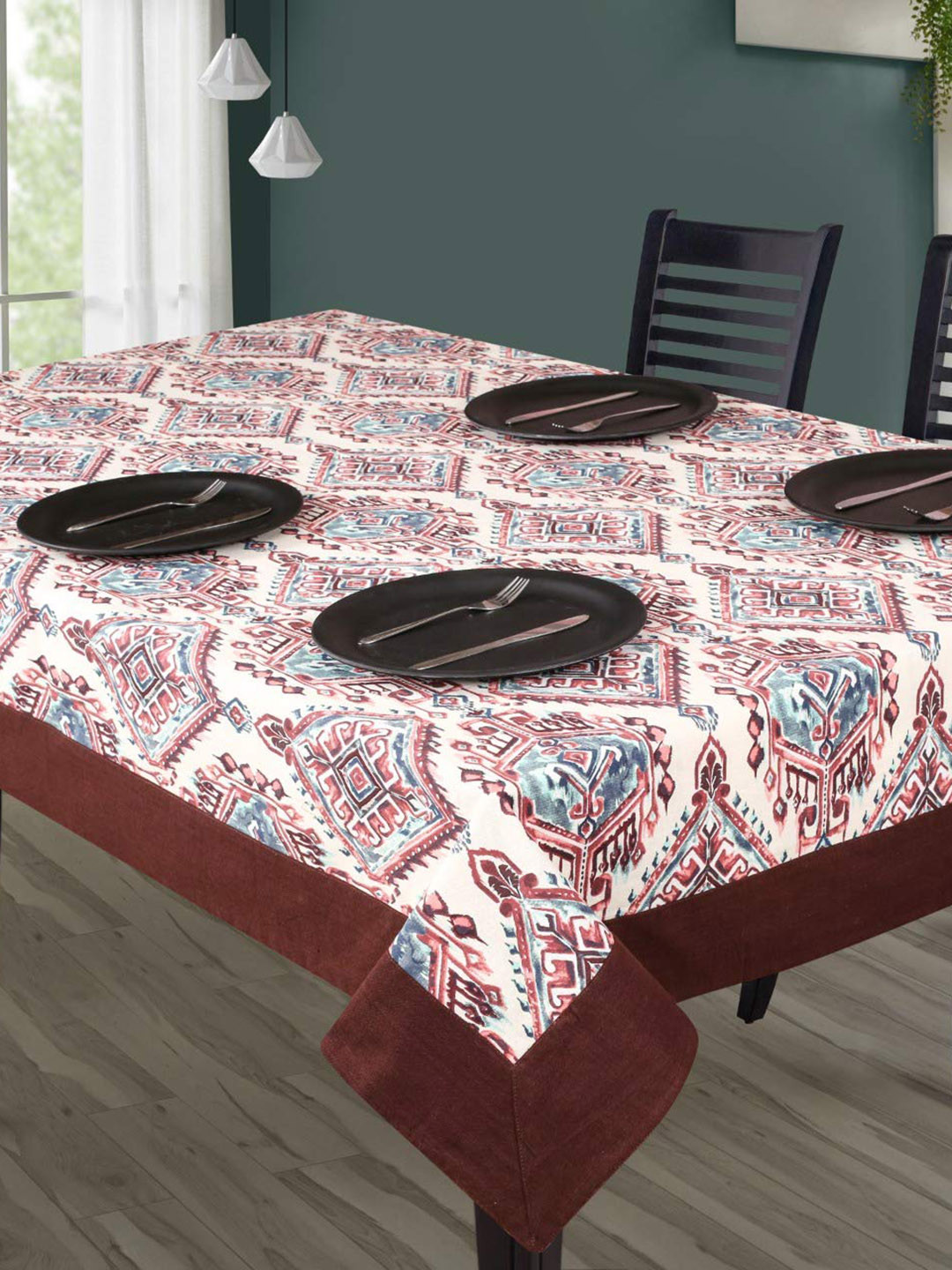 SHADES of LIFE Maroon & White Floral Rectangular Cotton Table Cover