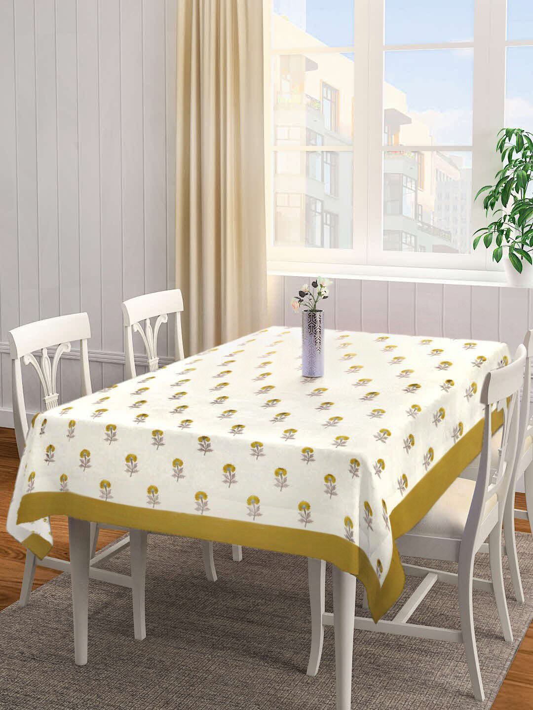 SHADES of LIFE Cream & Mustard Yellow Floral Printed Cotton 2-Seater Table Covers