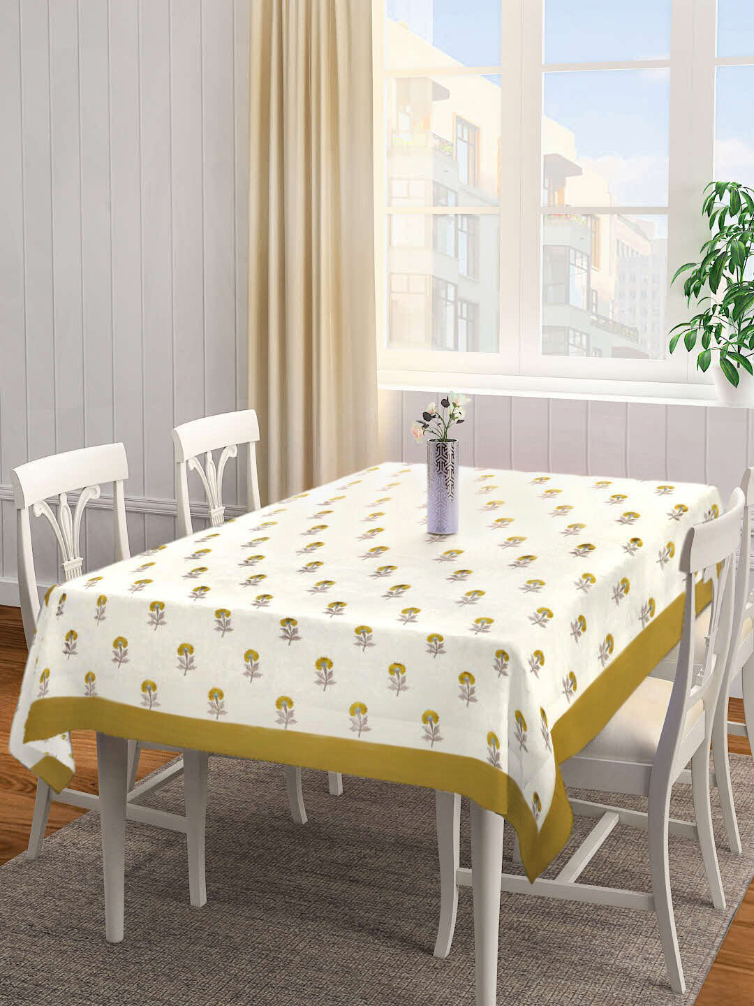 SHADES of LIFE Cream-Coloured & Khaki-Coloured Printed 6 Seater Cotton Dining Table Cover