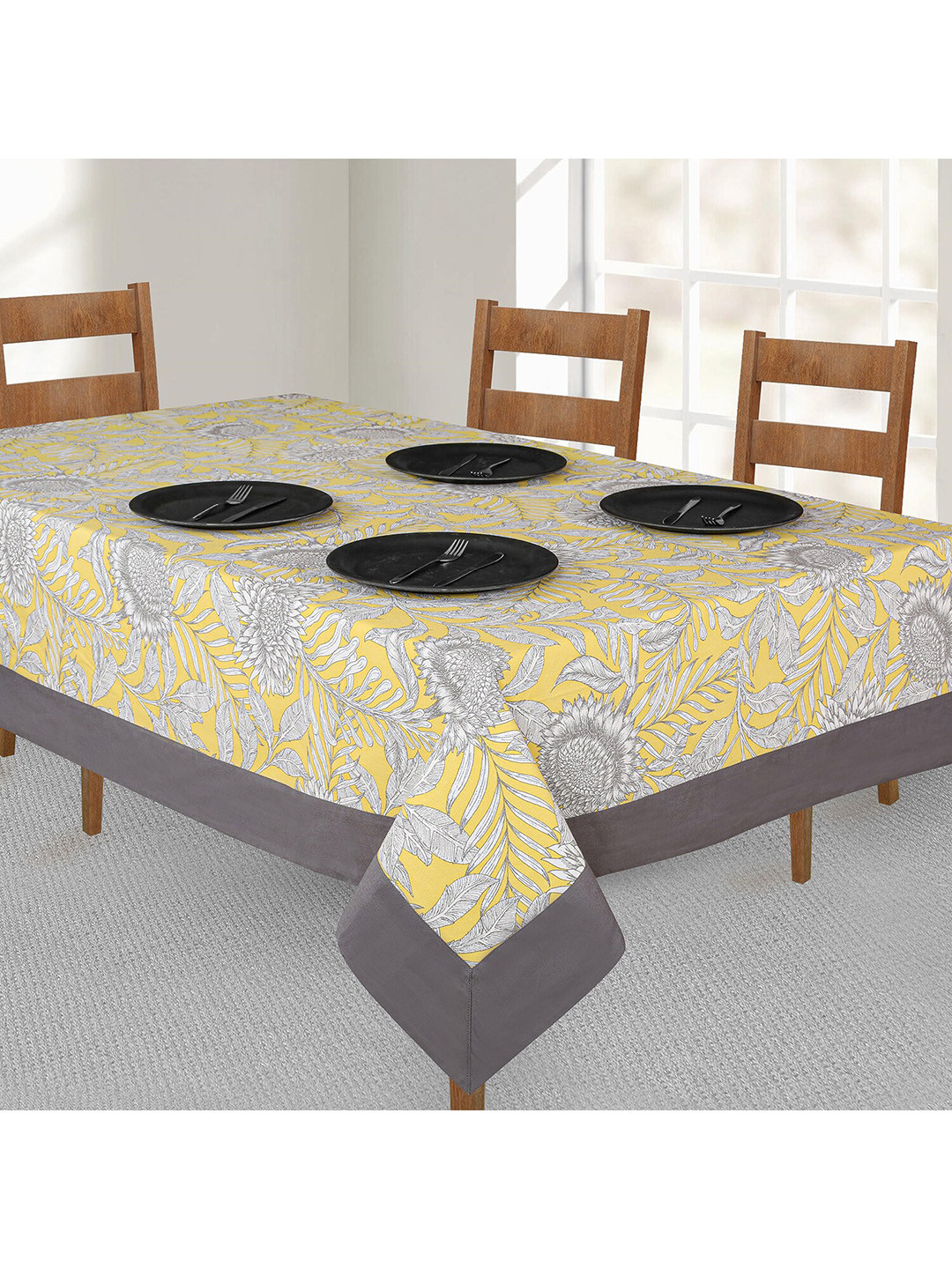 SHADES of LIFE Yellow & Grey Printed Cotton 6-Seater Table Cover