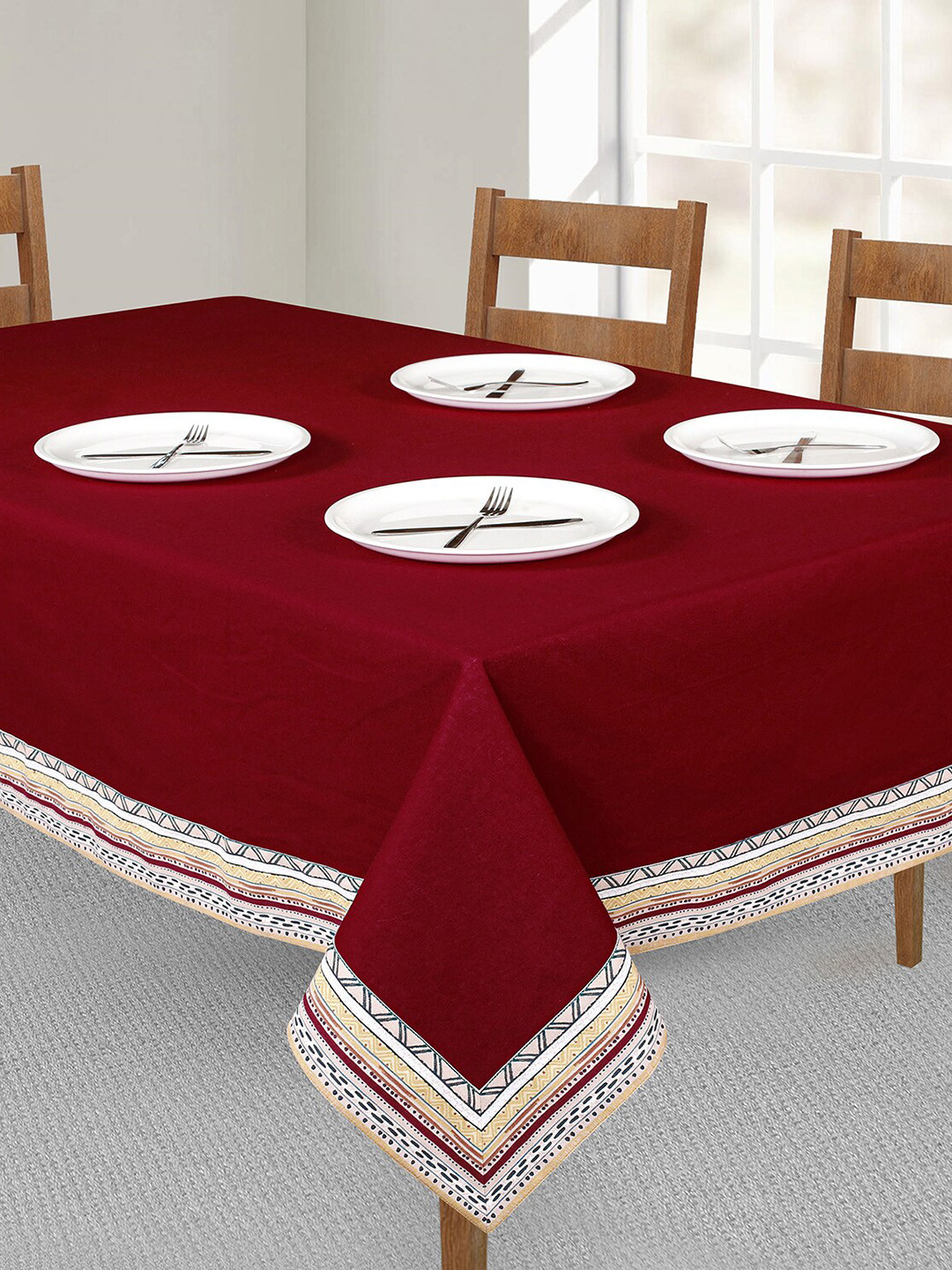 SHADES of LIFE Red & White Solid 6-Seater Rectangle Cotton Table Cover