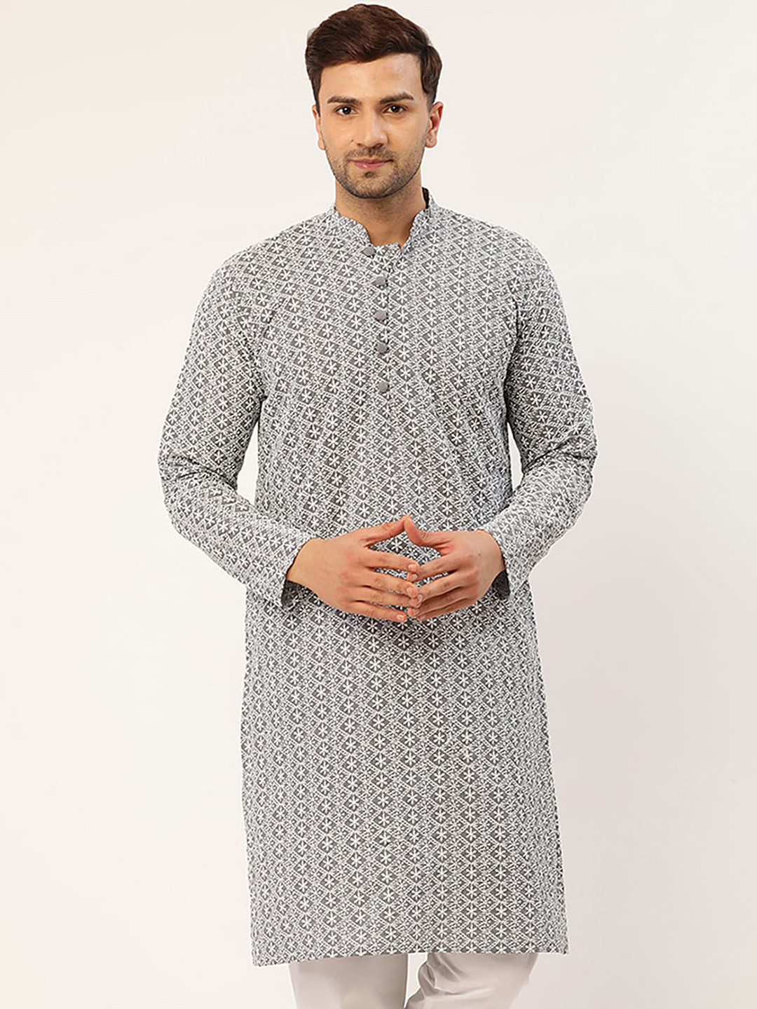 Jompers Men Grey Embroidered Kurta