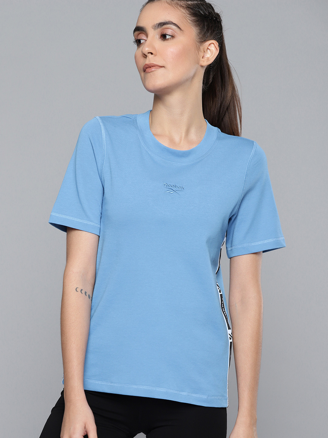 Reebok Women Blue Solid Training Tape Pack T-shirt