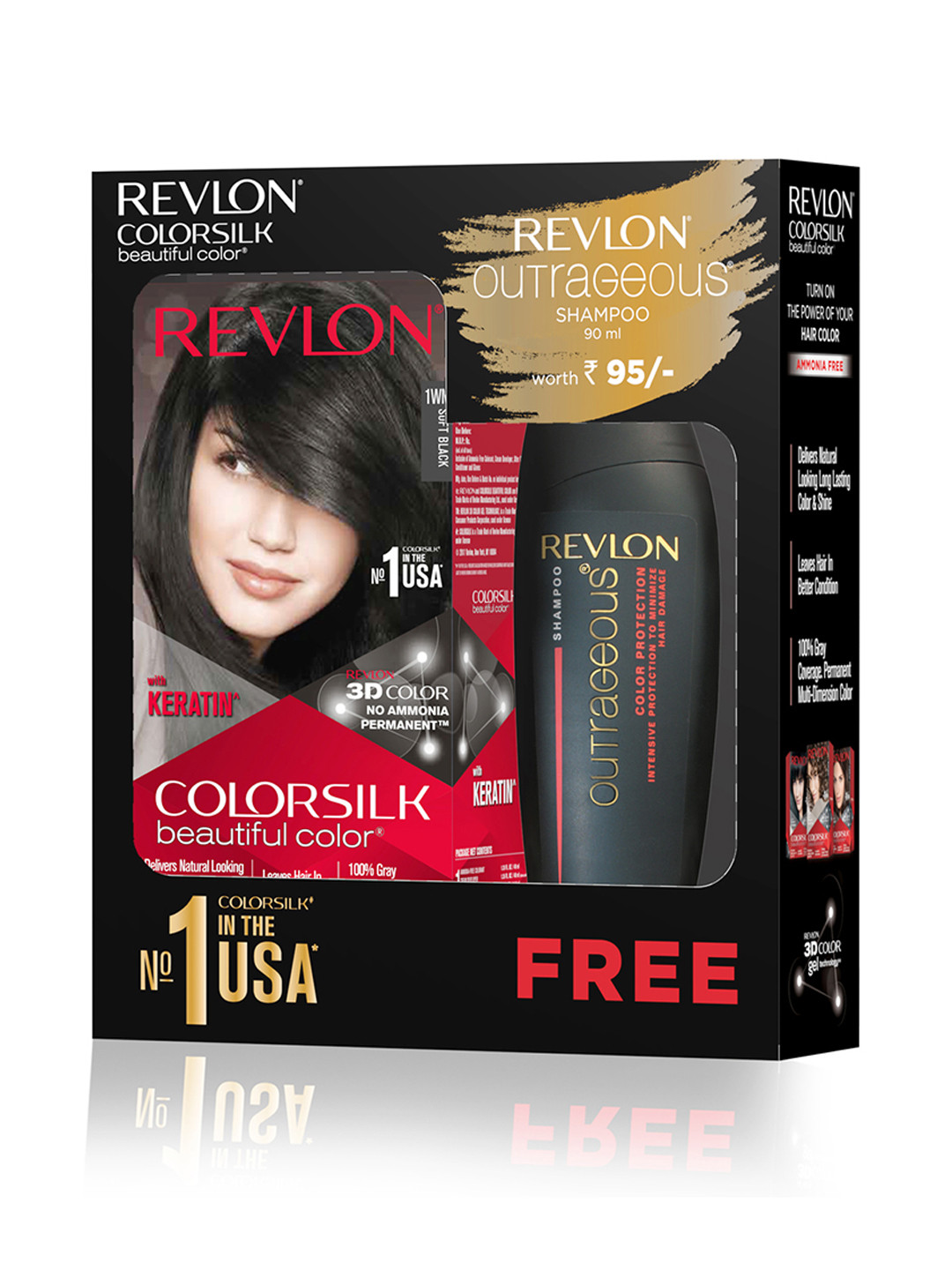 Revlon Set of Colorsilk Hair Color with Keratin - Soft Black 1WN & Free Outrageous Shampoo
